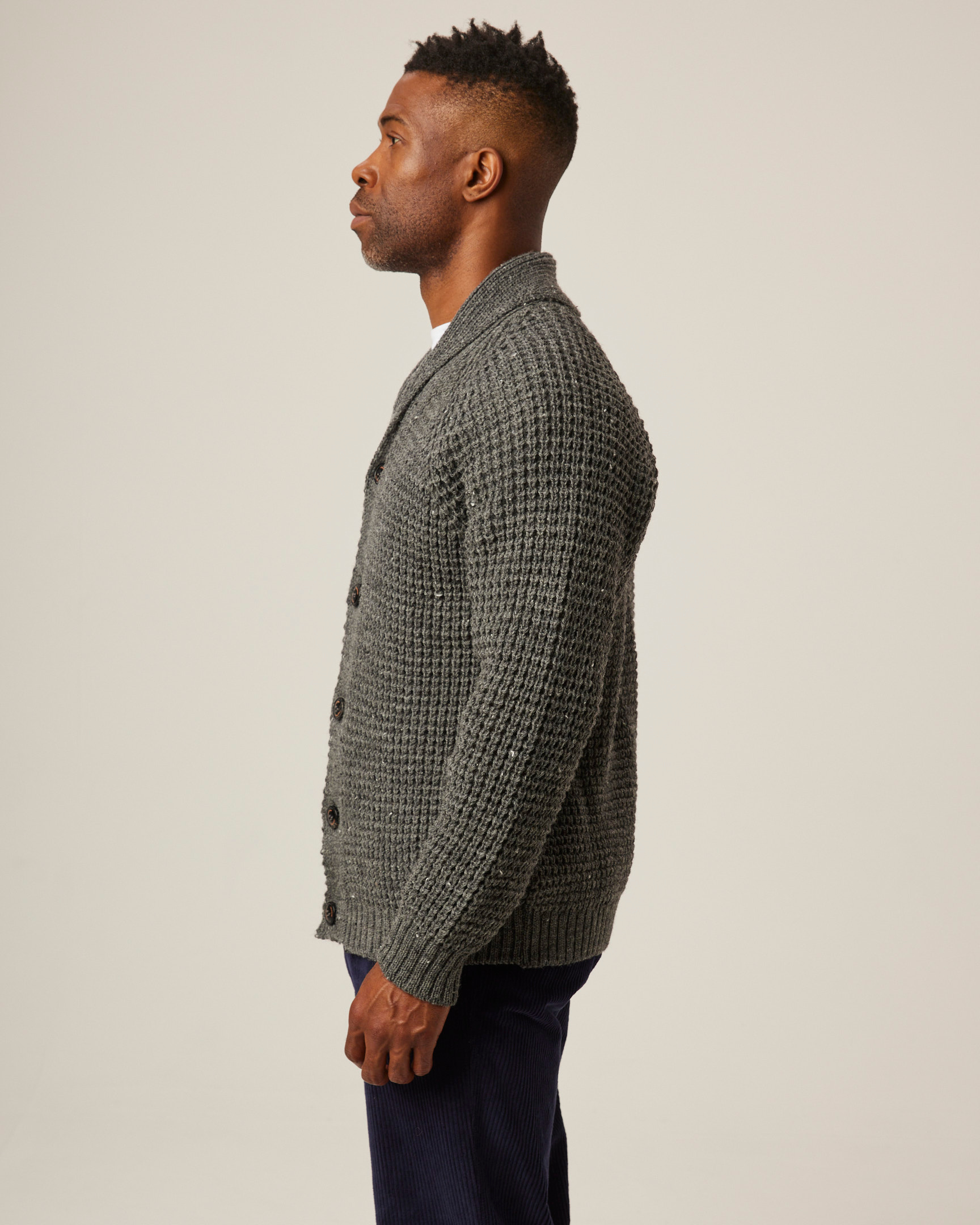 Image of model wearing Waffle Shawl Cardigan. Model is 6ft, chest size 36in and wearing size Medium