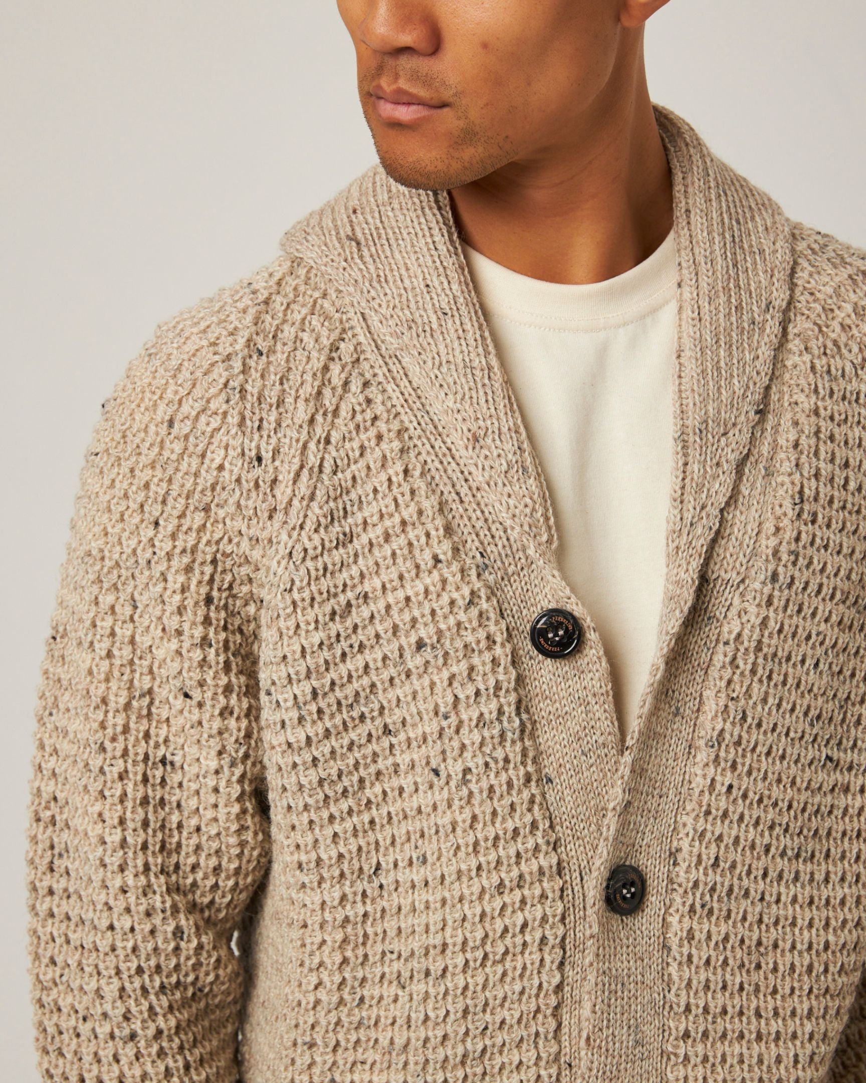 Image of model wearing Waffle Shawl Cardigan. Model is 6ft, chest size 36in and wearing size Medium