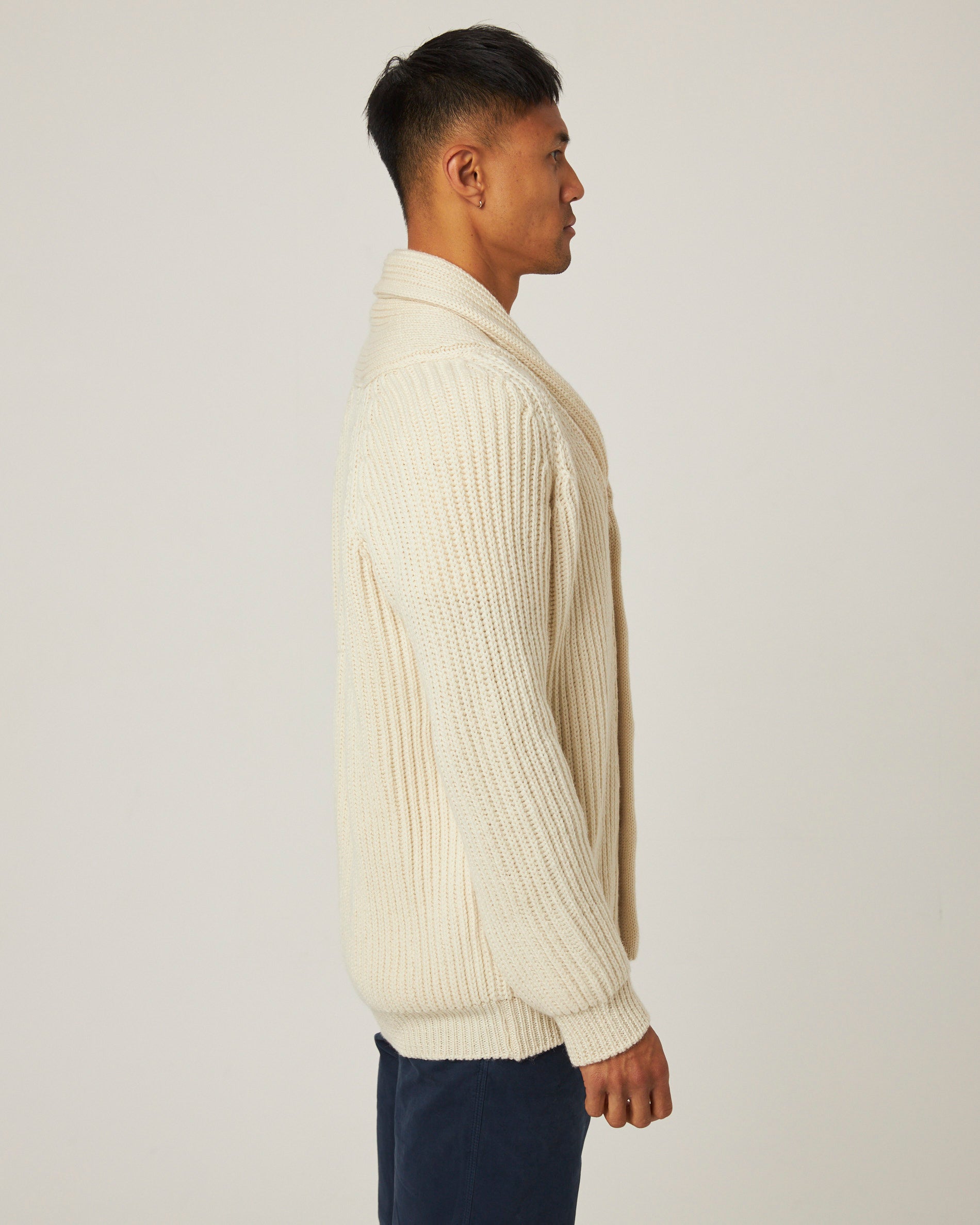 Image of model wearing Wilkinson Cardigan. Model is 6ft1in, chest size 38in and wearing size Large