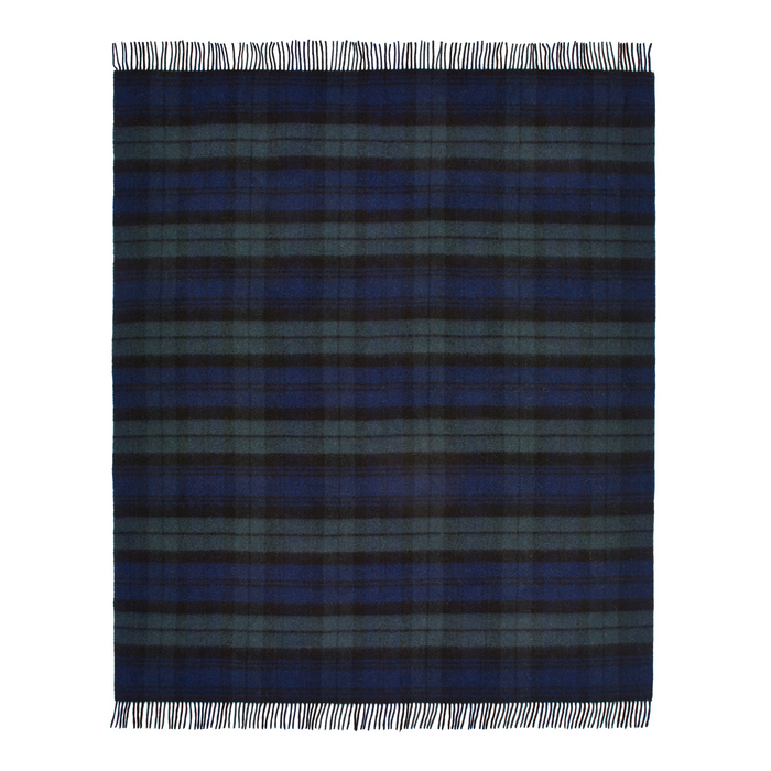 Flatlay image of a wool blanket folded into a small rectangle, the edge of the blanket is fringed, the blanket is multi-coloured check with alternating shades of navy and forest green. Image of the blanket laid out flat with fringing on both edges.
