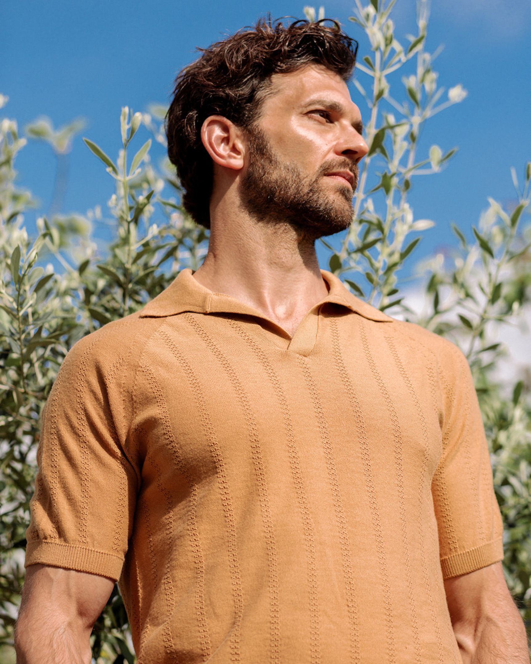Image of model wearing Alma Polo shirt. 