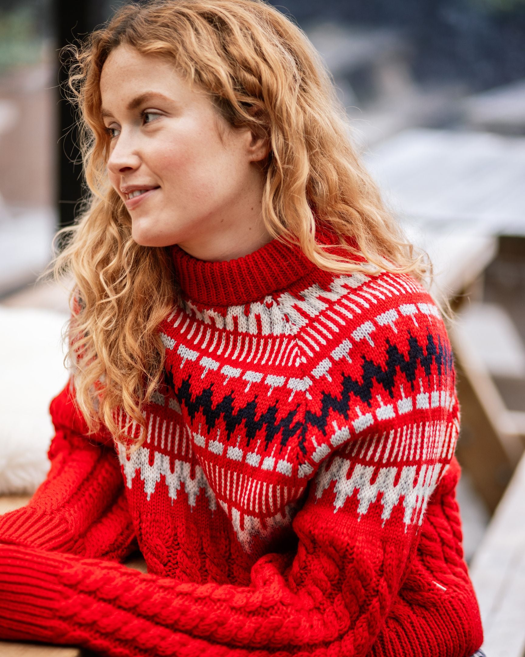 Image of model wearing Alpine Chalet Sweater. Model is 5ft8in, size UK 8 and wearing size Small