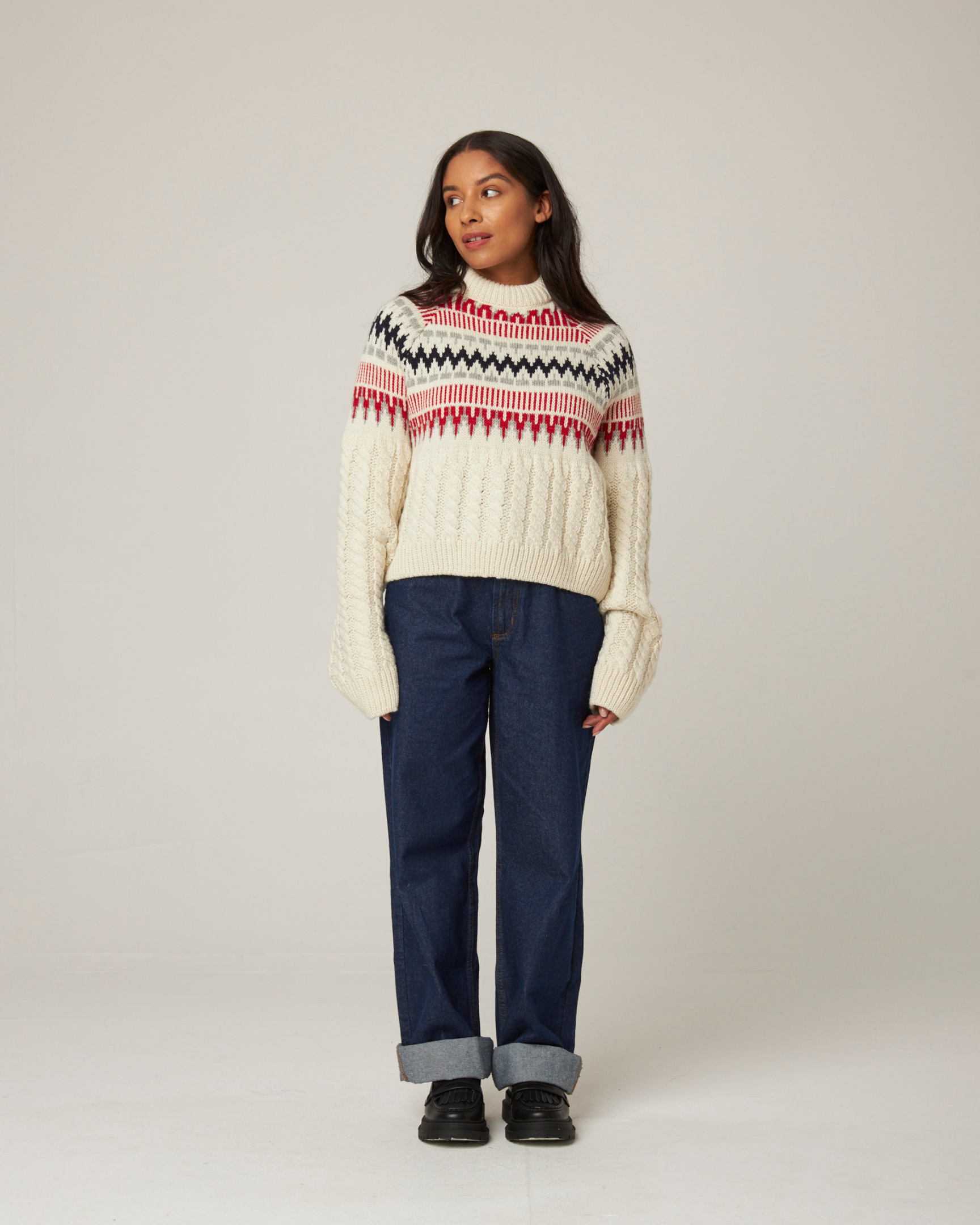 Image of model wearing Alpine Chalet Sweater. Model is 5ft8in, size UK 8 and wearing size Small