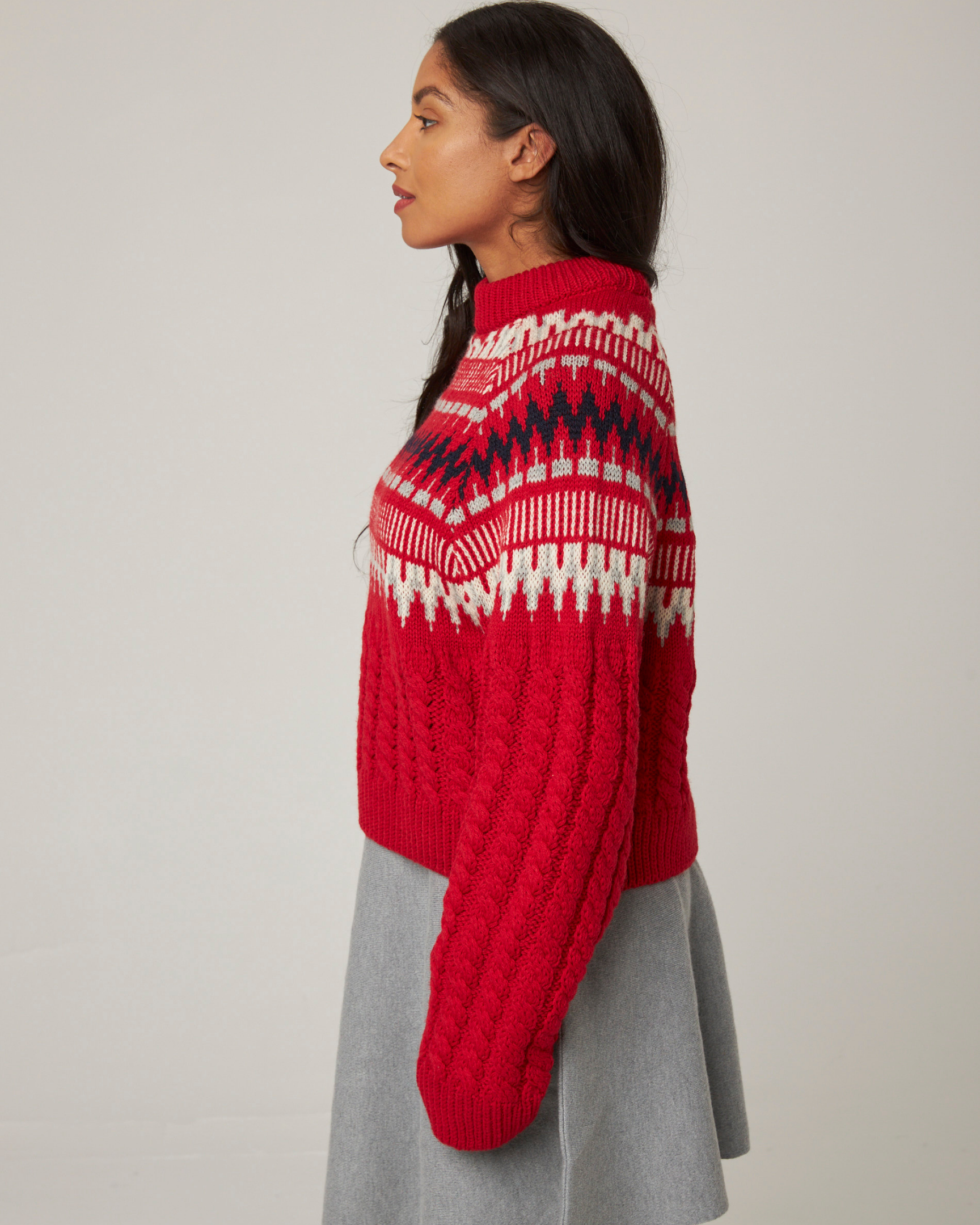 Image of model wearing Alpine Chalet Sweater. Model is 5ft8in, size UK 8 and wearing size Small