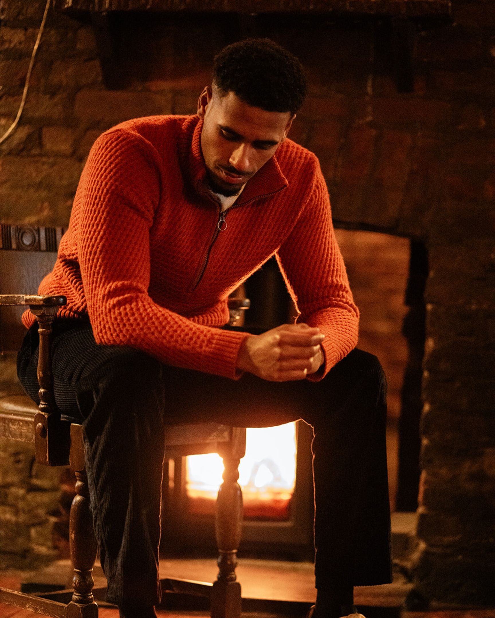 Image of model wearing Birchall Quarter Zip Jumper. 