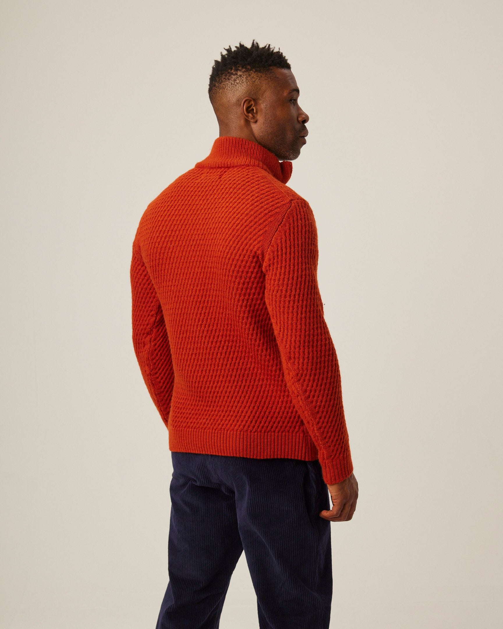 Image of model wearing Birchall Quarter Zip Jumper. 