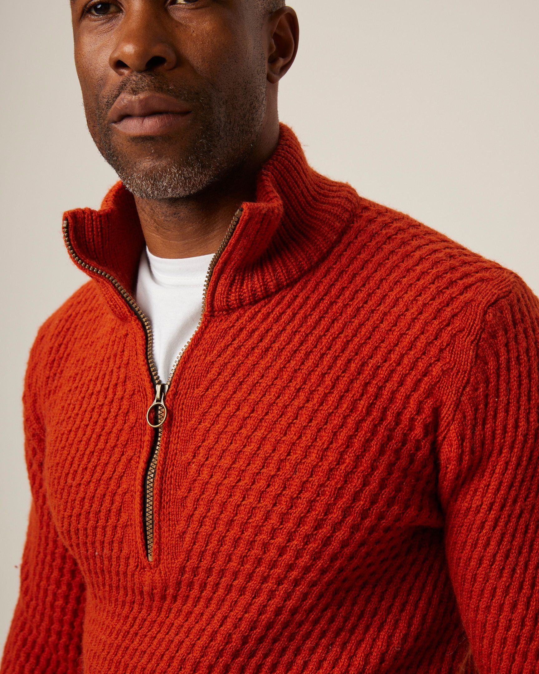 Image of model wearing Birchall Quarter Zip Jumper. 
