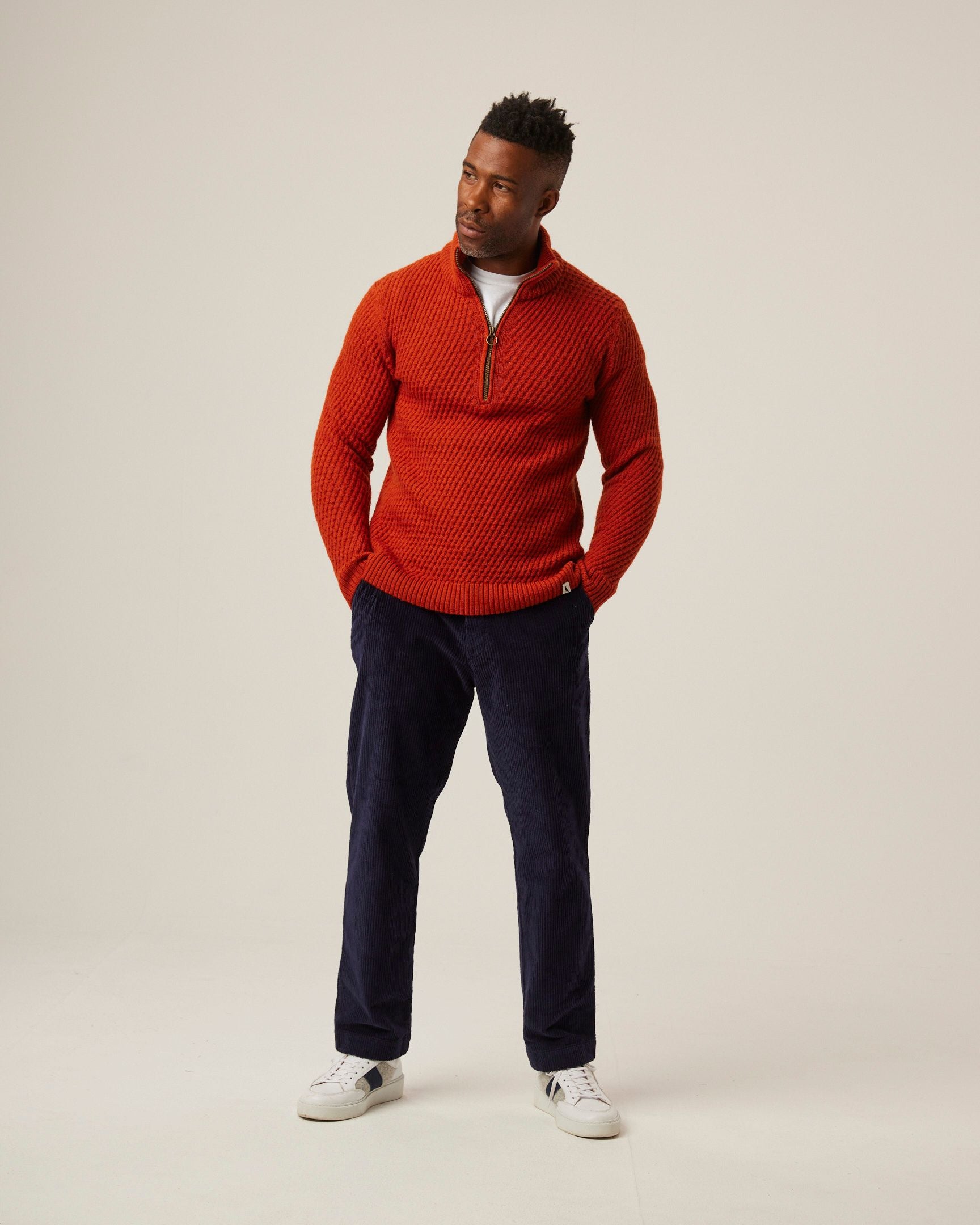 Image of model wearing Birchall Quarter Zip Jumper. 
