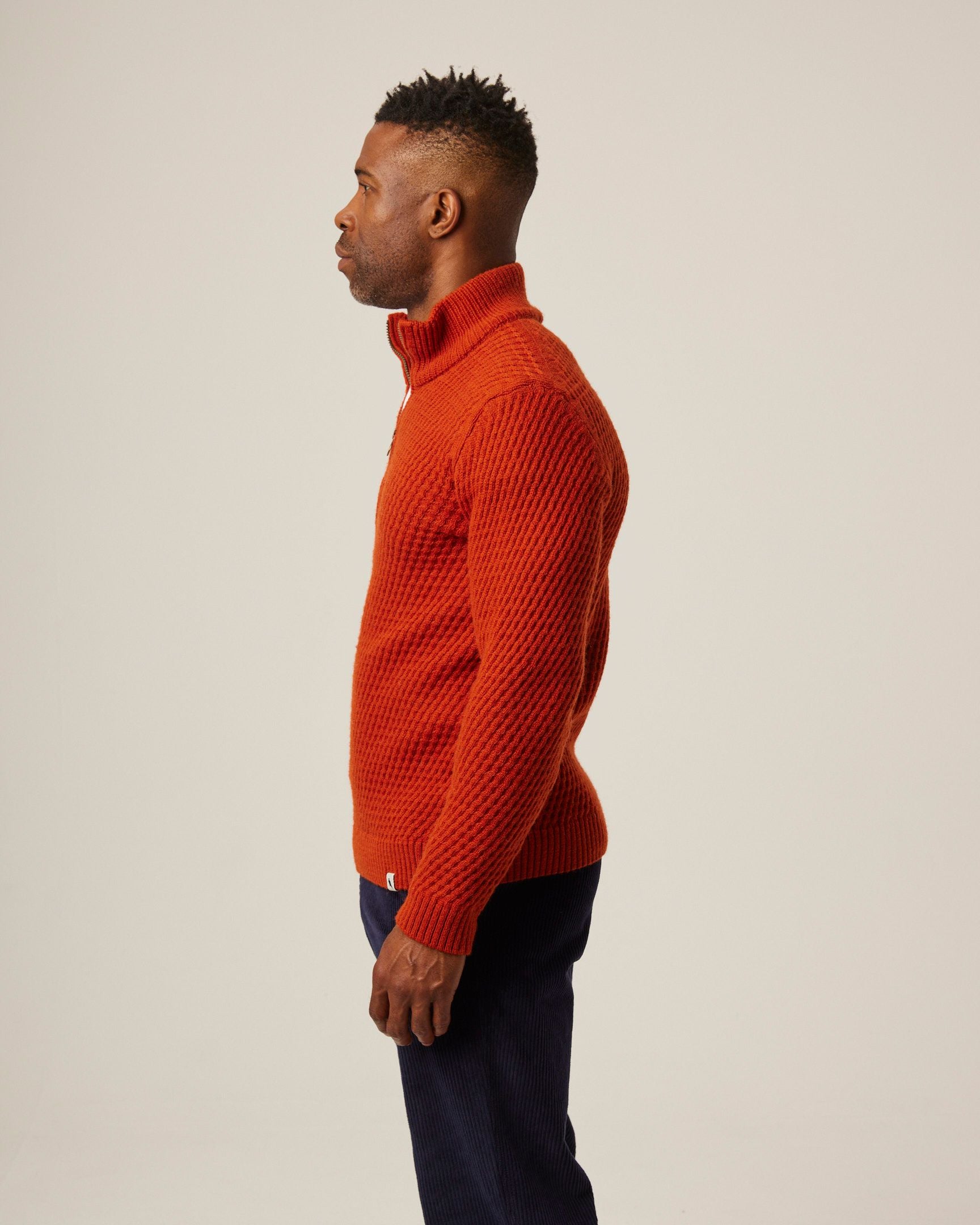 Image of model wearing Birchall Quarter Zip Jumper. 