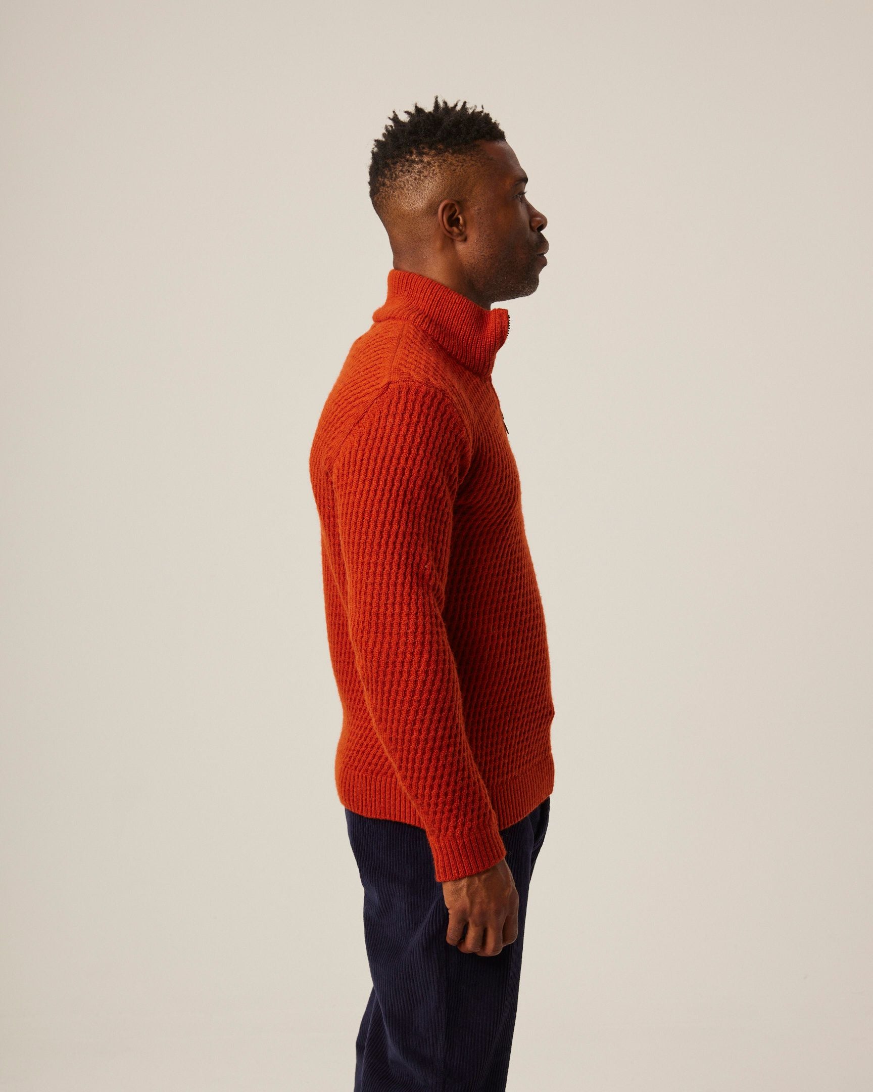 Image of model wearing Birchall Quarter Zip Jumper. 