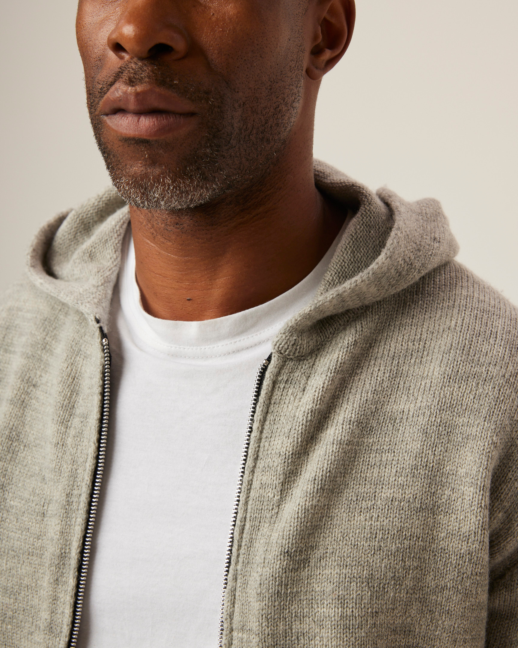 Image of model wearing Brompton Knitted Hoodie. 