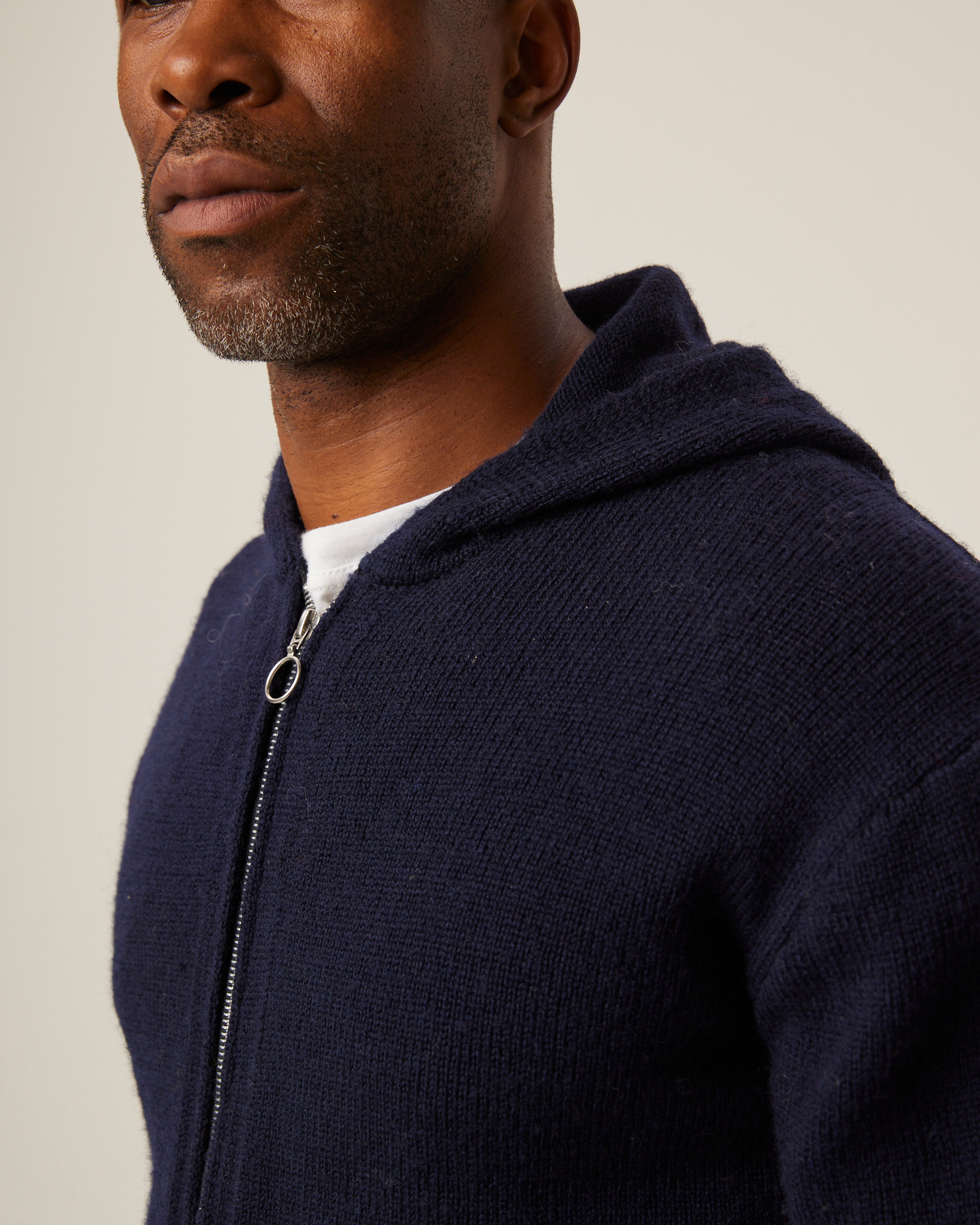 Image of model wearing Brompton Knitted Hoodie. 