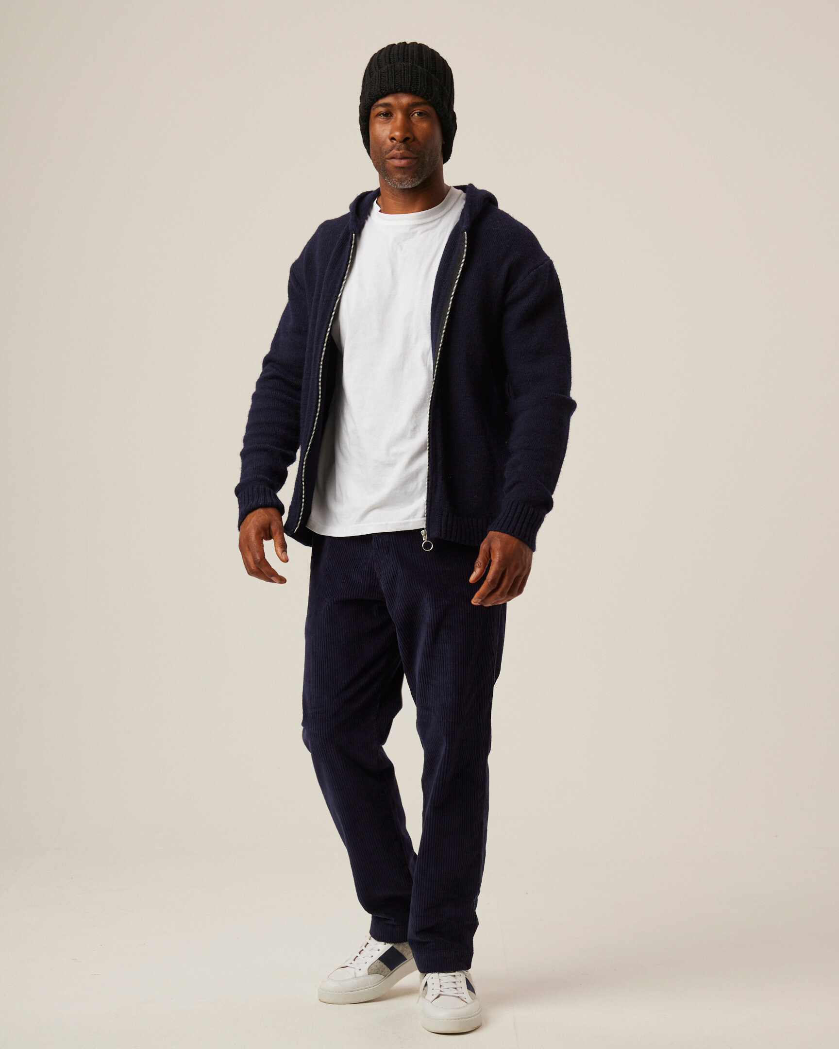 Image of model wearing Brompton Knitted Hoodie. 