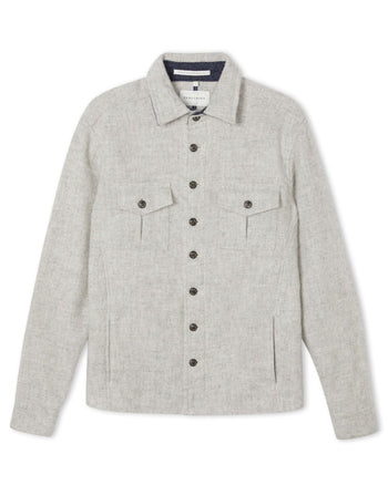 Image of model wearing Dexter Overshirt. Model is 6ft1in, chest size 38in and wearing size Large