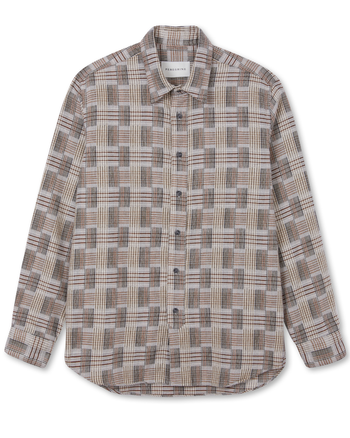 Image of model wearing Farley Shirt. Model is 6ft1in, chest size 38in and wearing size Large