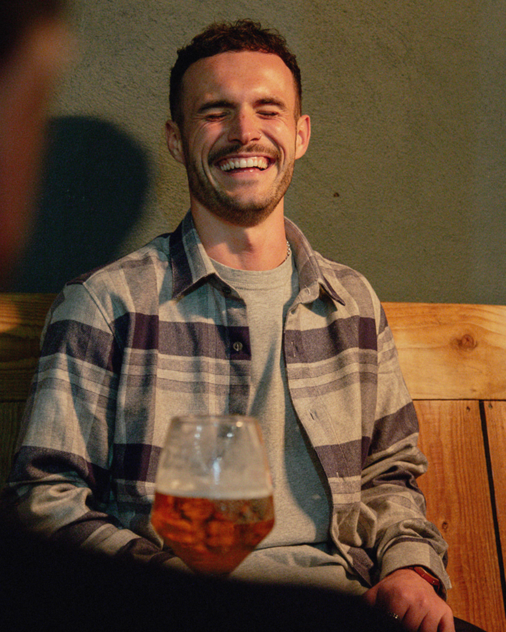 Image of model wearing Farley Shirt. Model is 6ft1in, chest size 38in and wearing size Large