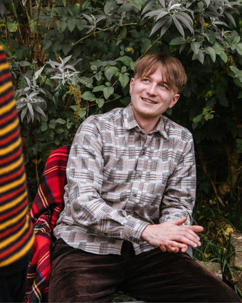 Image of model wearing Farley Shirt. Model is 6ft1in, chest size 38in and wearing size Large