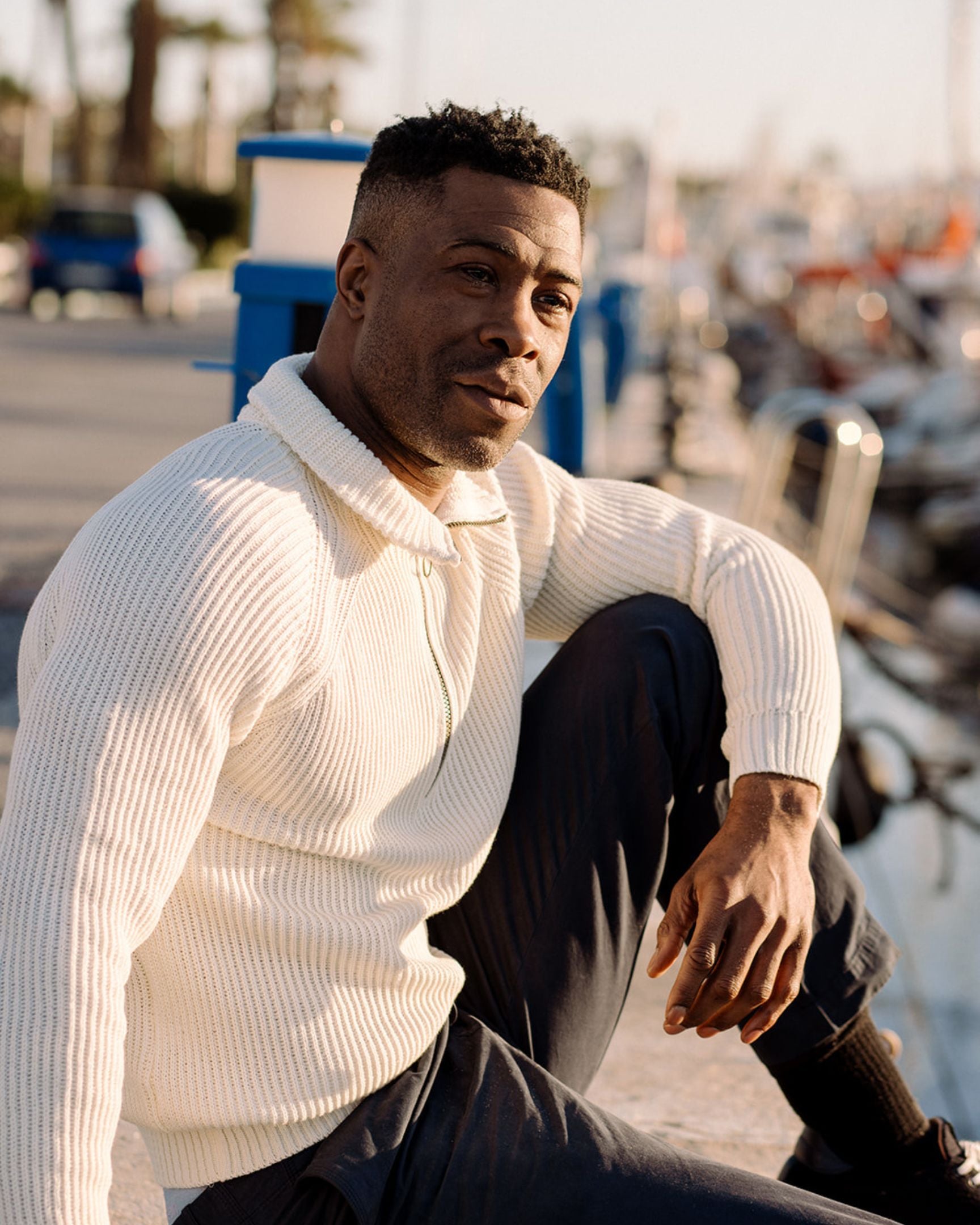 Image of model wearing Felix Quarter Zip Jumper. 