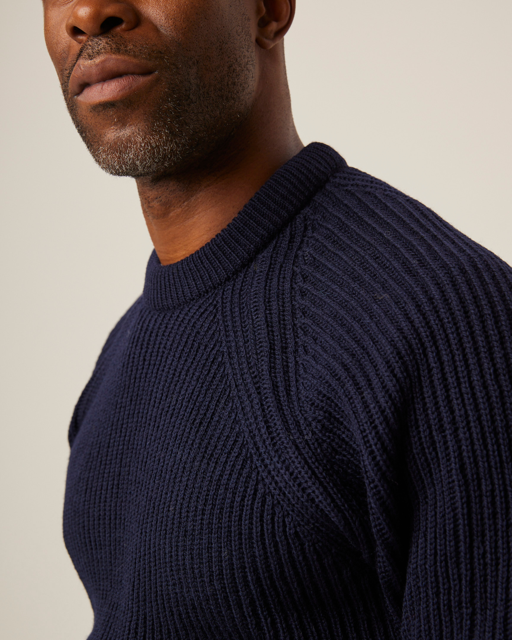 Image of model wearing Ford Crew Jumper. Model is 6ft, chest size 36in and wearing size Large
