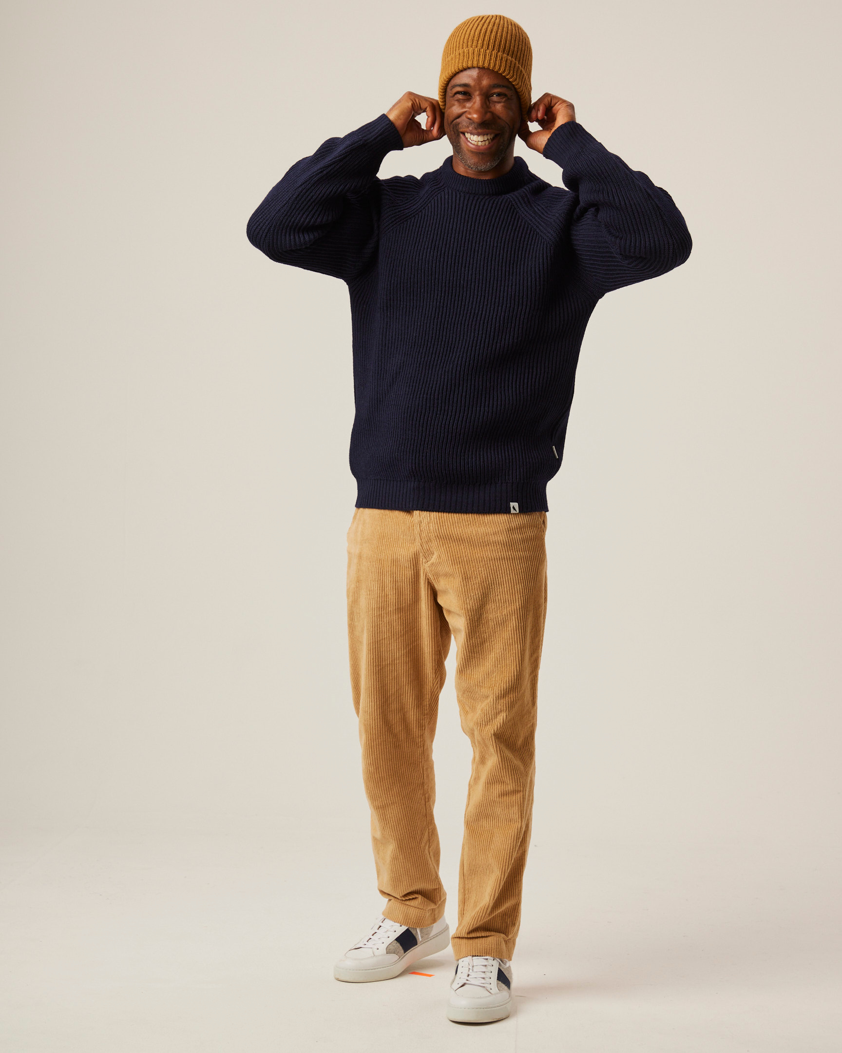 Image of model wearing Ford Crew Jumper. Model is 6ft, chest size 36in and wearing size Large