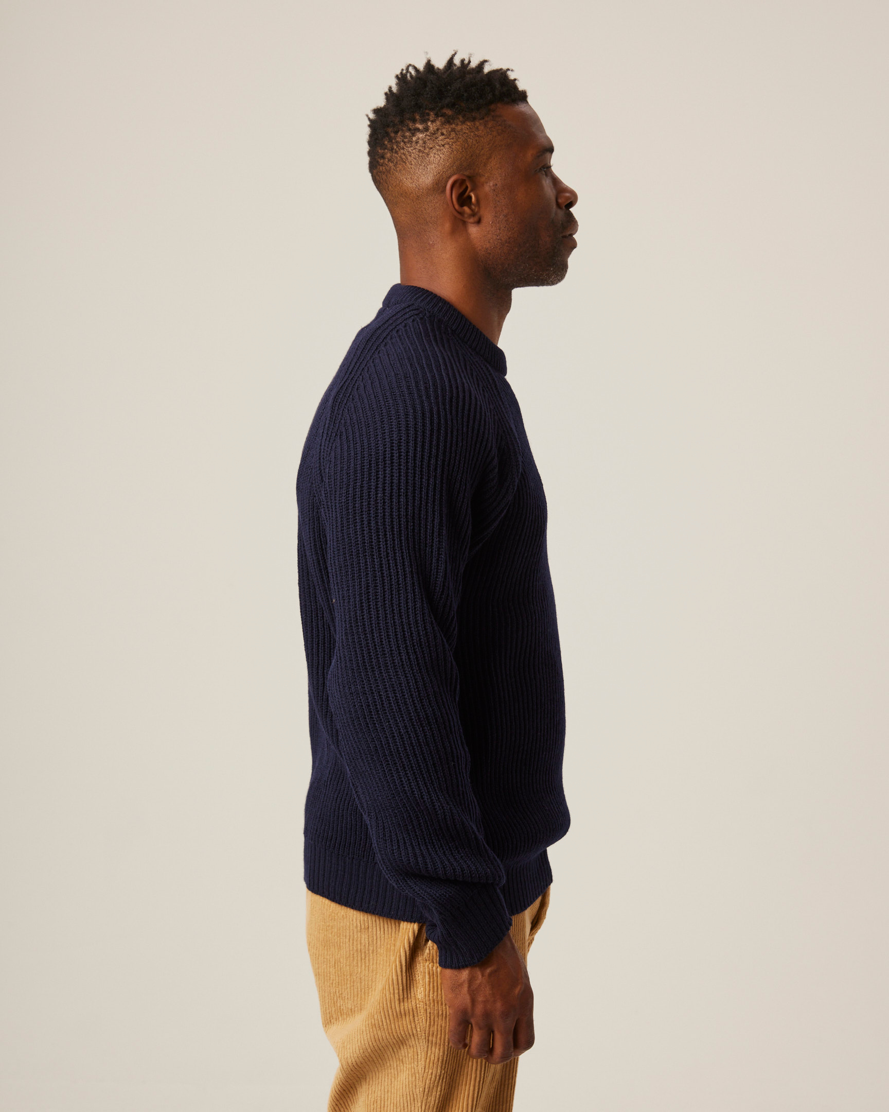 Image of model wearing Ford Crew Jumper. Model is 6ft, chest size 36in and wearing size Large