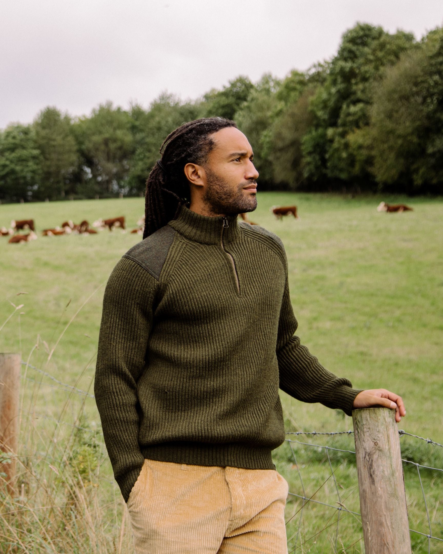 Image of model wearing Foxton Zip Neck. Model is 6ft0in, chest size 40in and wearing size L