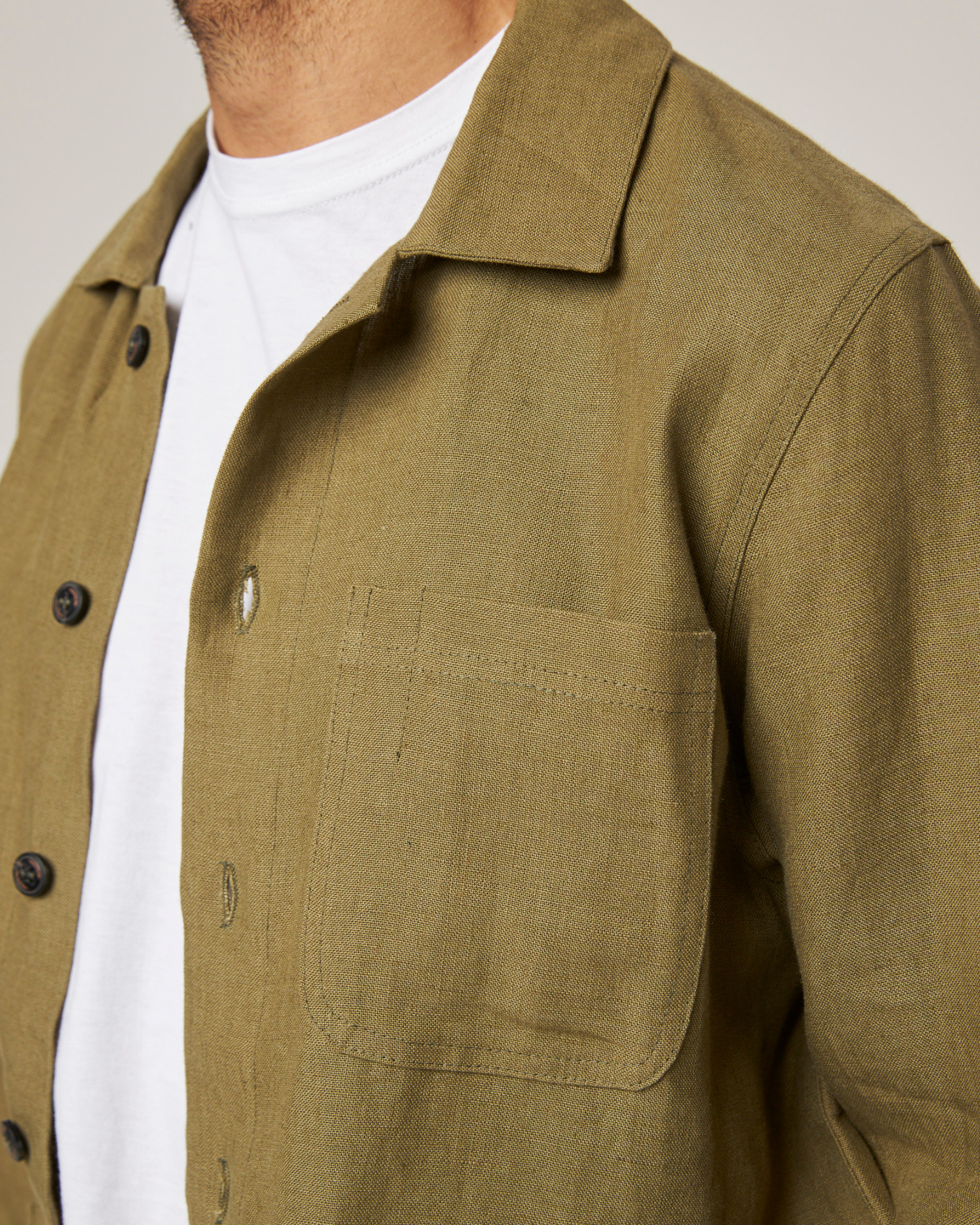 Image of model wearing Grange Linen Shacket. 