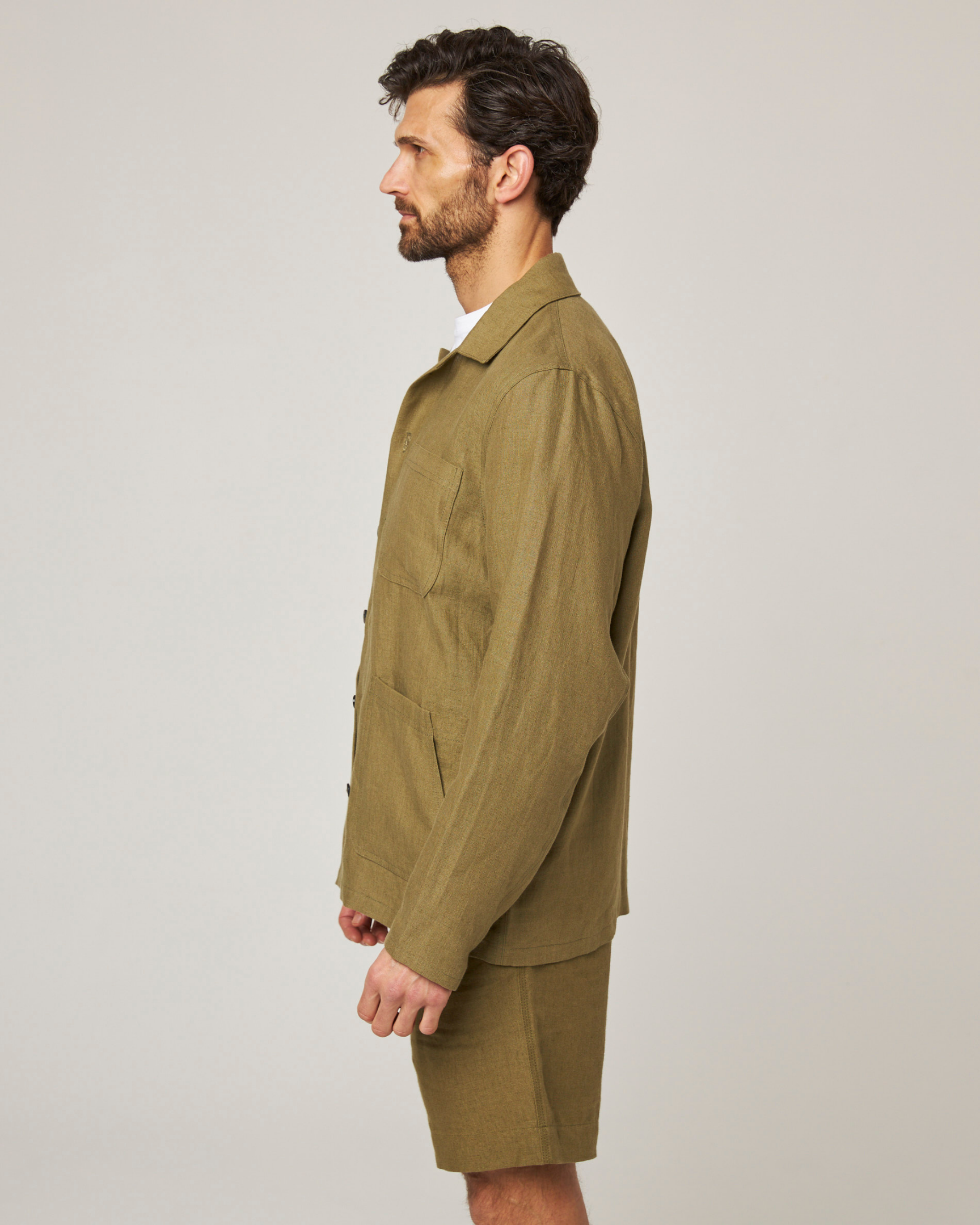 Image of model wearing Grange Linen Shacket. 