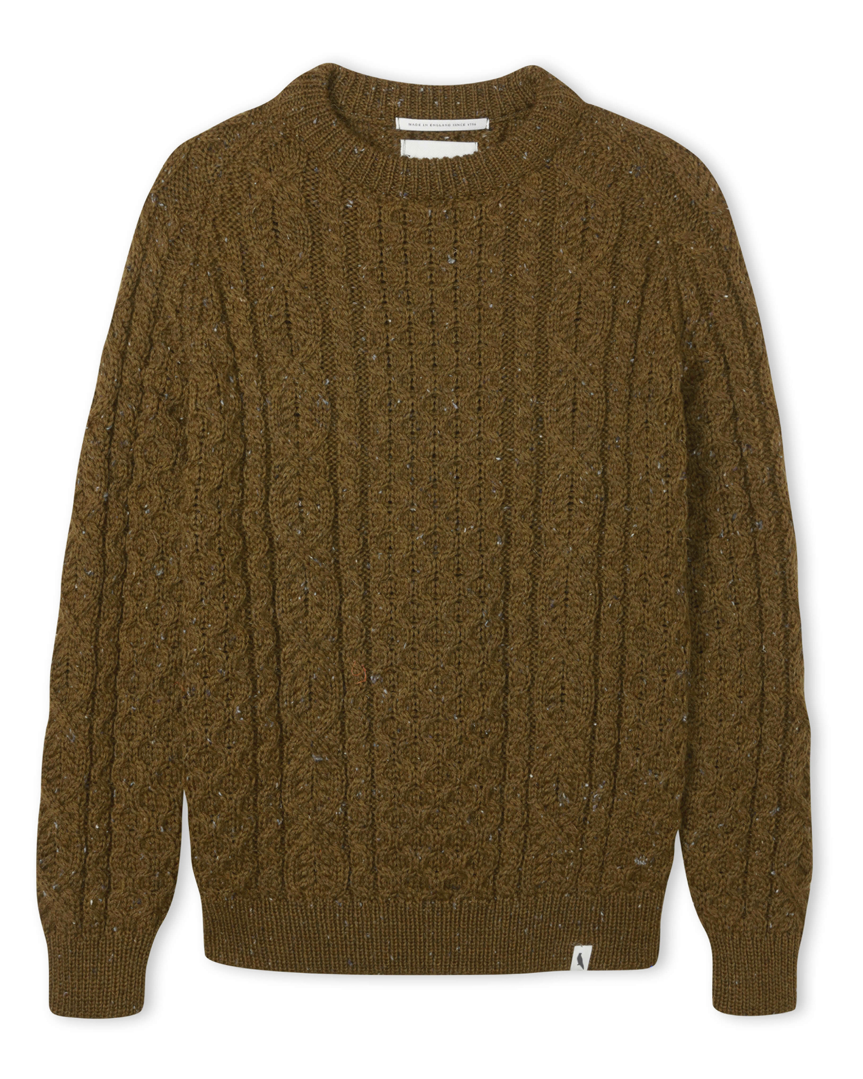 Image of model wearing Hudson Aran Jumper. Model is 6ft1in, chest size 38in and wearing size Medium