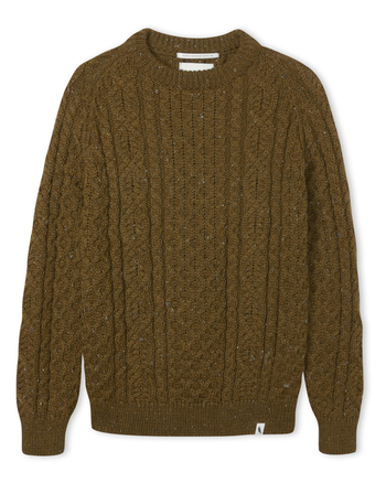 Image of model wearing Hudson Aran Jumper. Model is 6ft1in, chest size 38in and wearing size Medium
