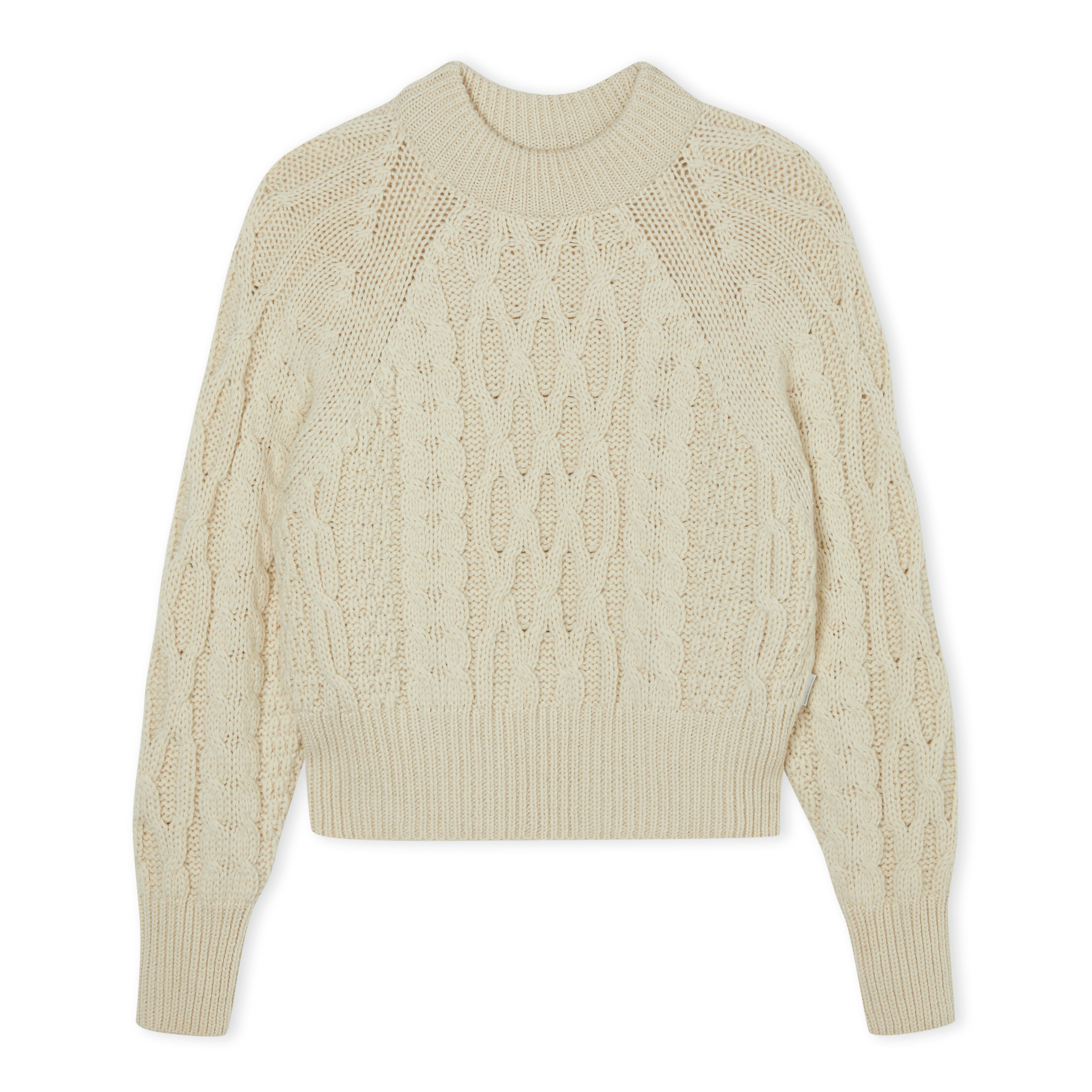 Image of model wearing Isobel Aran Jumper. Model is 5ft8, size UK 8 and wearing size Small