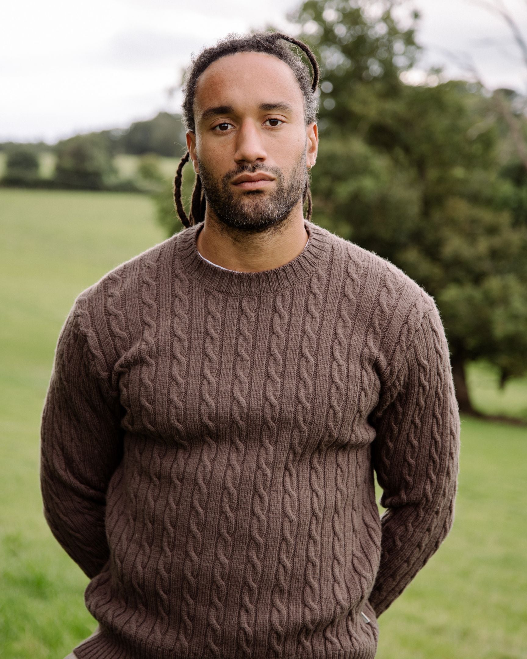 Image of model wearing Makers Stitch Cable Crew Jumper. 
