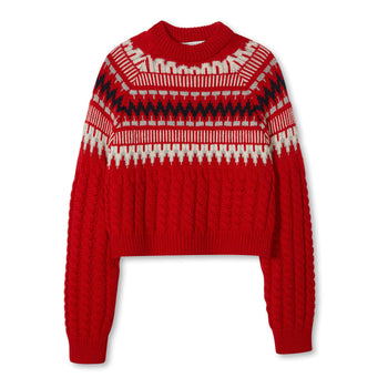 Image of model wearing Alpine Chalet Sweater. Model is 5ft8in, size UK 8 and wearing size Small