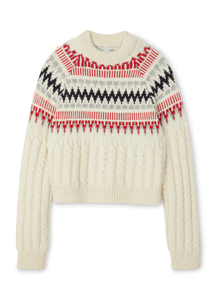 Image of model wearing Alpine Chalet Sweater. 