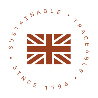 Stylised UK flag surrounded by text Sustainable, Traceable, Since 1796