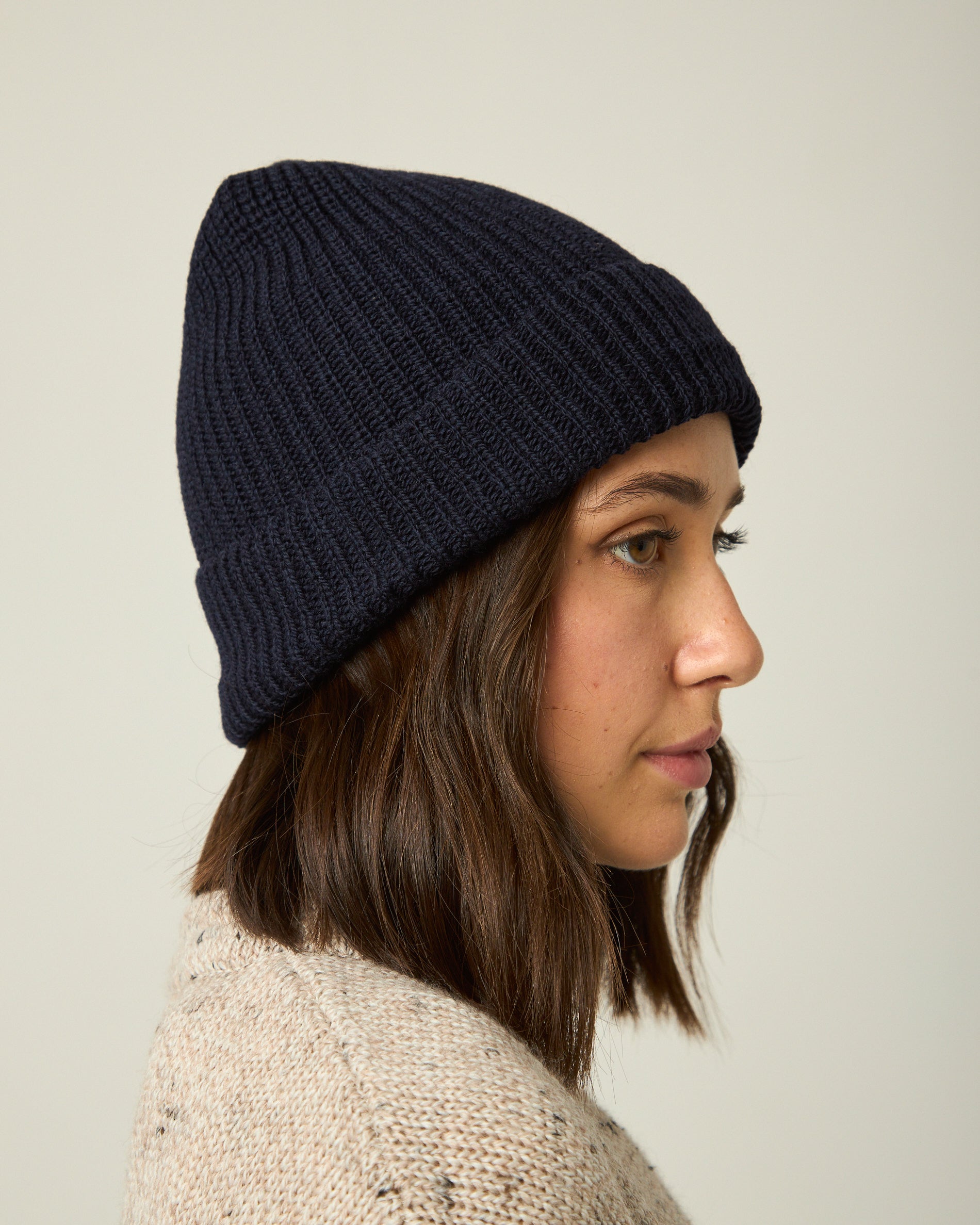 Image of model wearing Porter Ribbed Beanie. One Size 