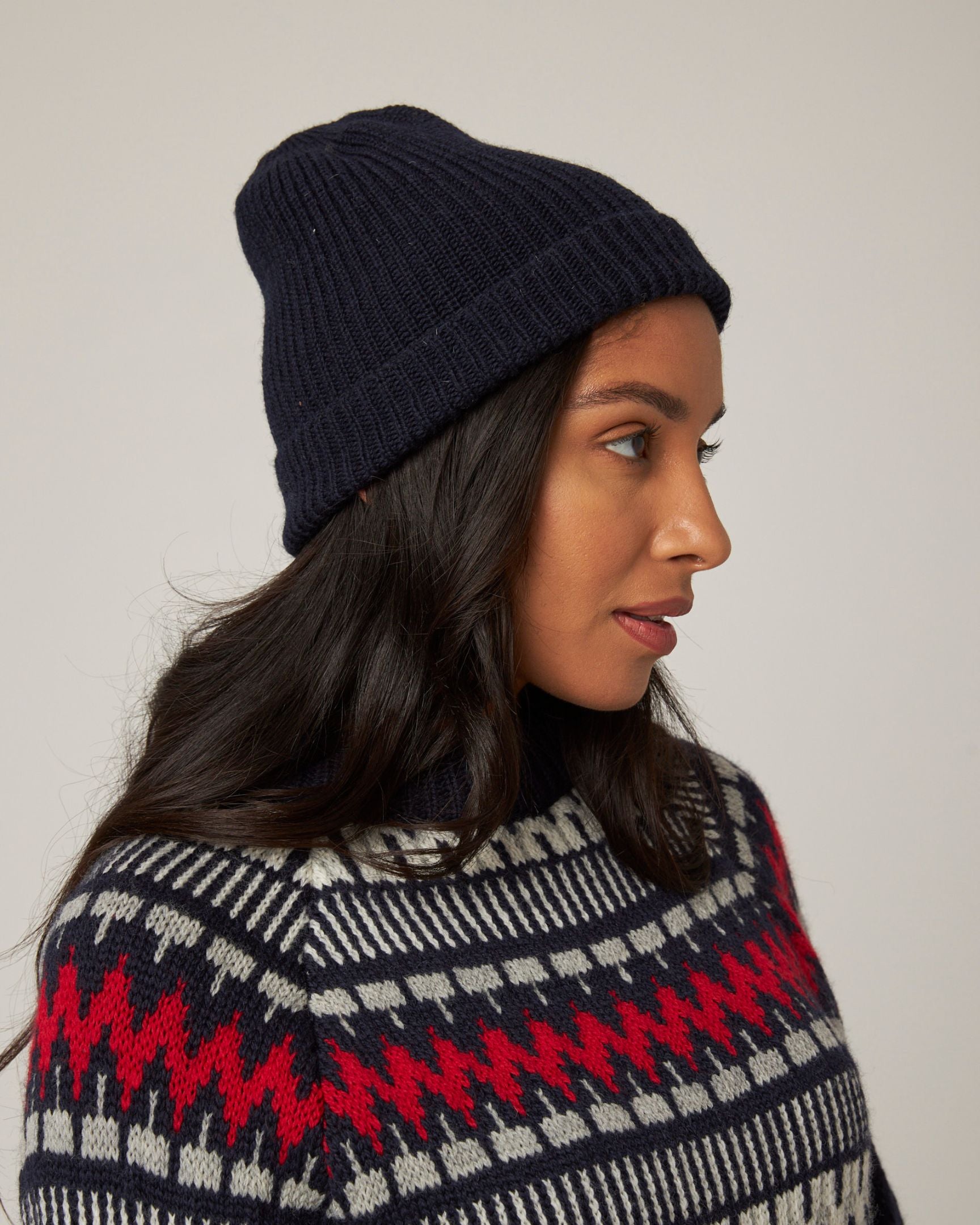 Image of model wearing Porter Ribbed Beanie. One Size 
