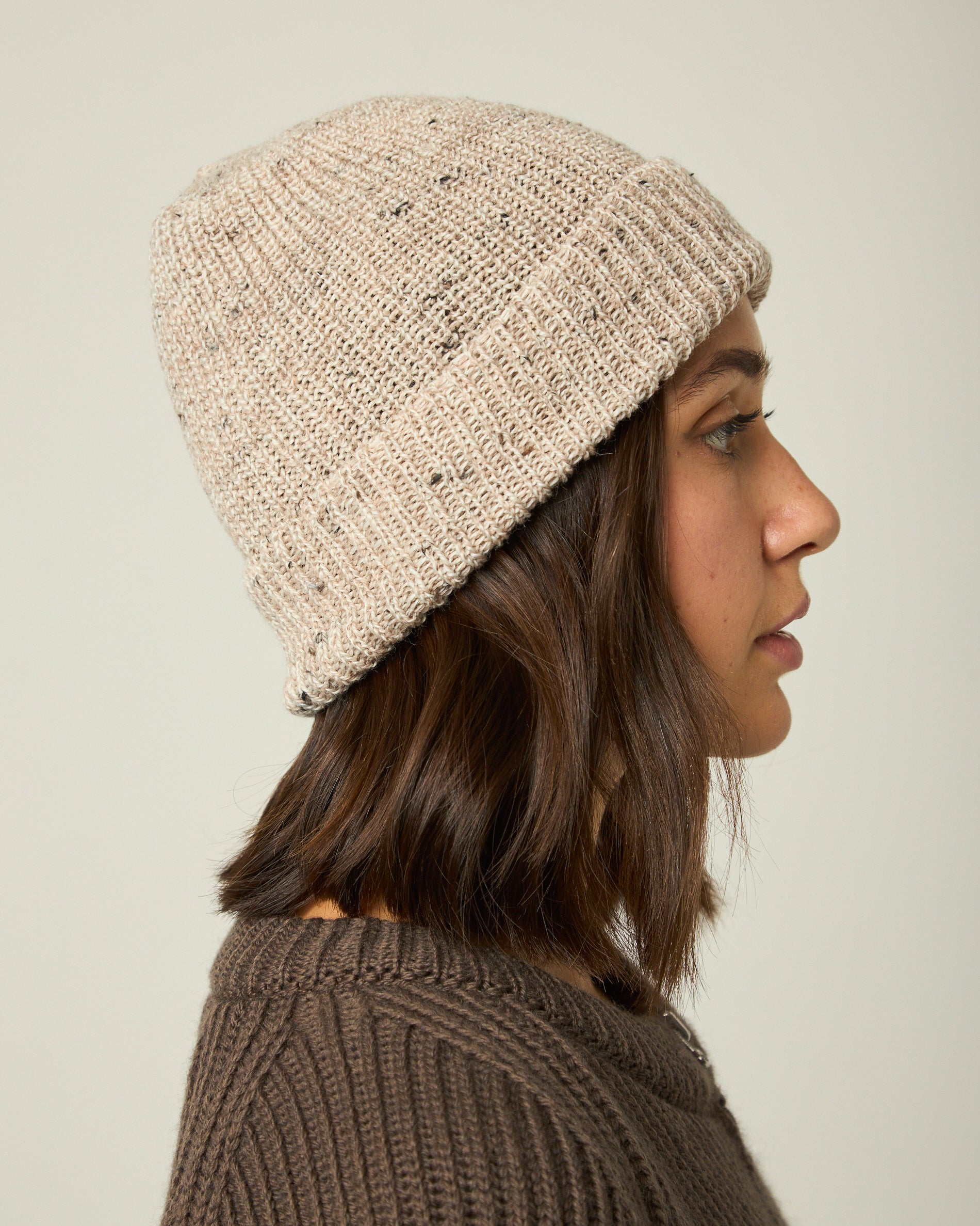 Image of model wearing Porter Ribbed Beanie. One Size 