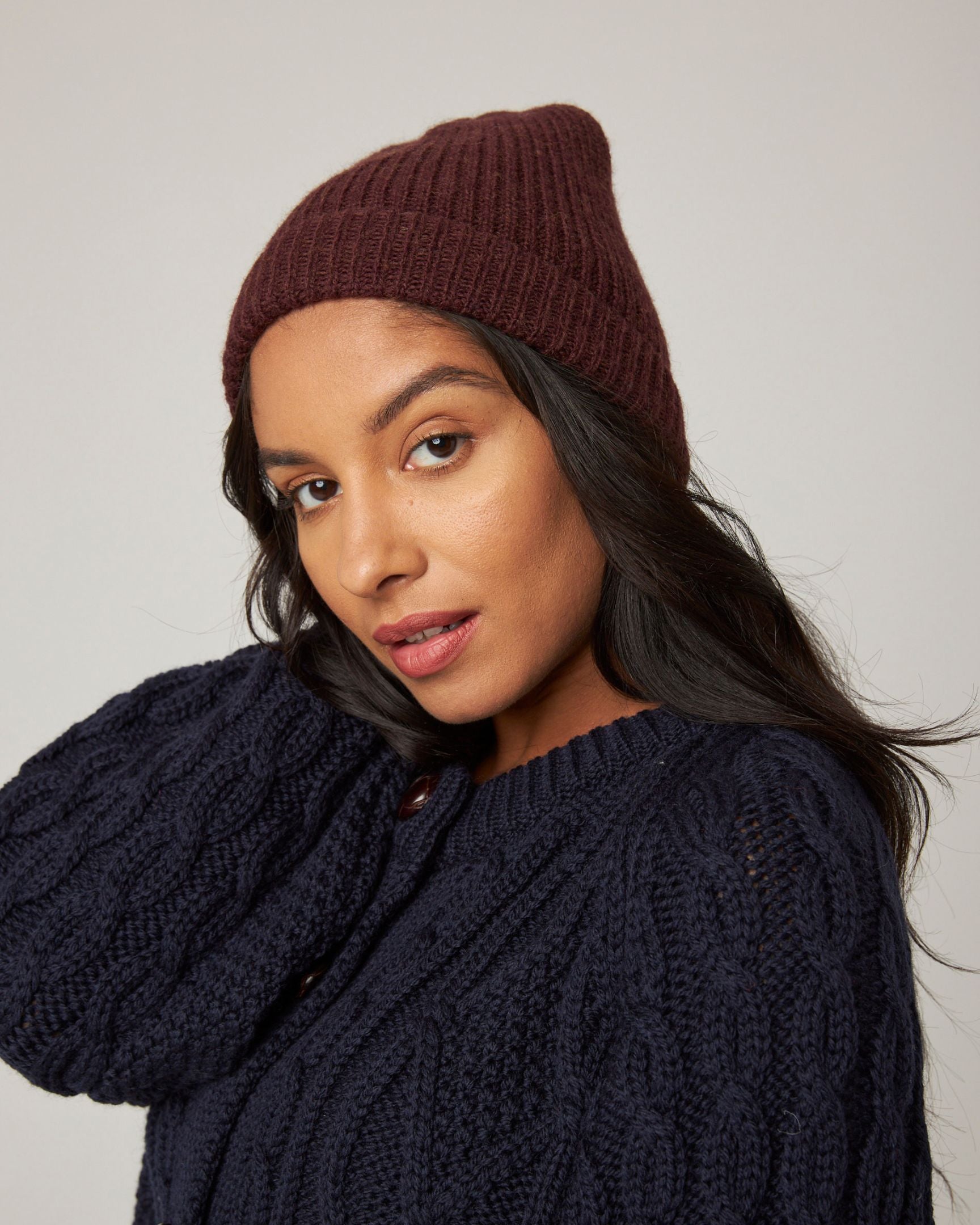 Image of model wearing Porter Ribbed Beanie. One Size 