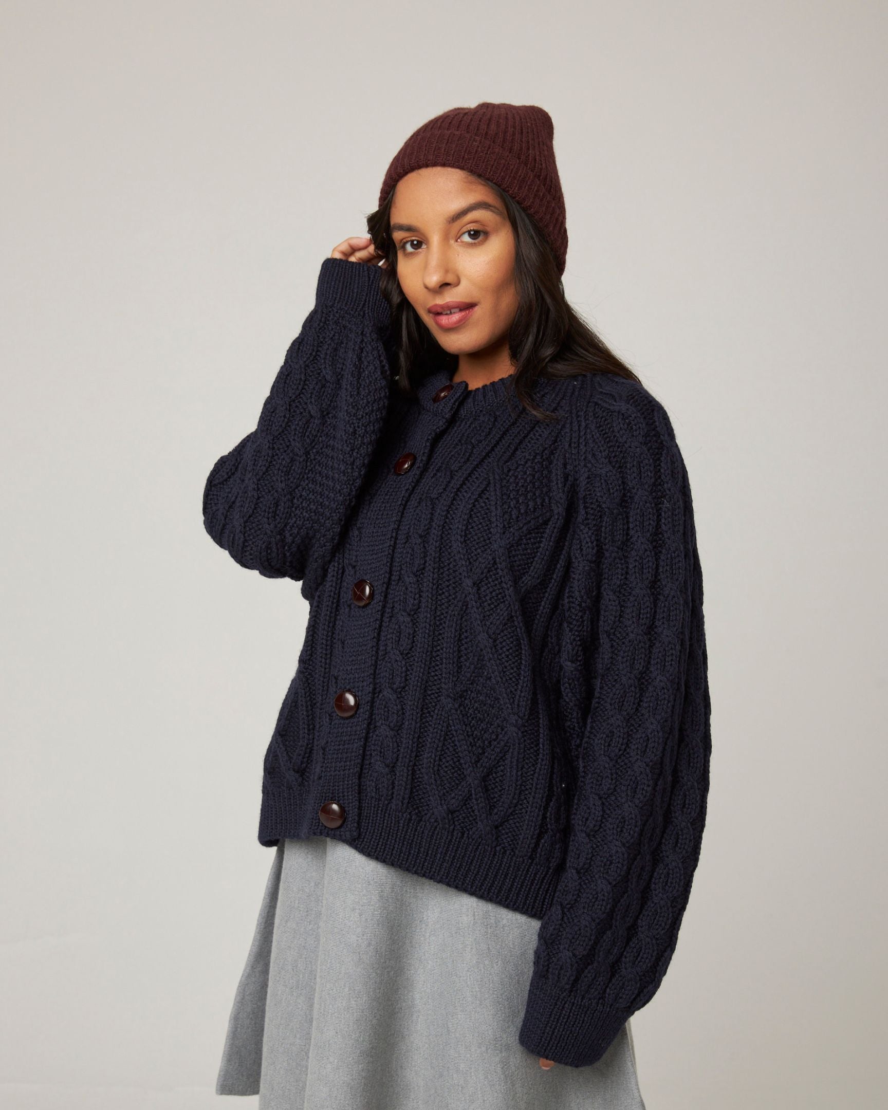 Image of model wearing Porter Ribbed Beanie. One Size 