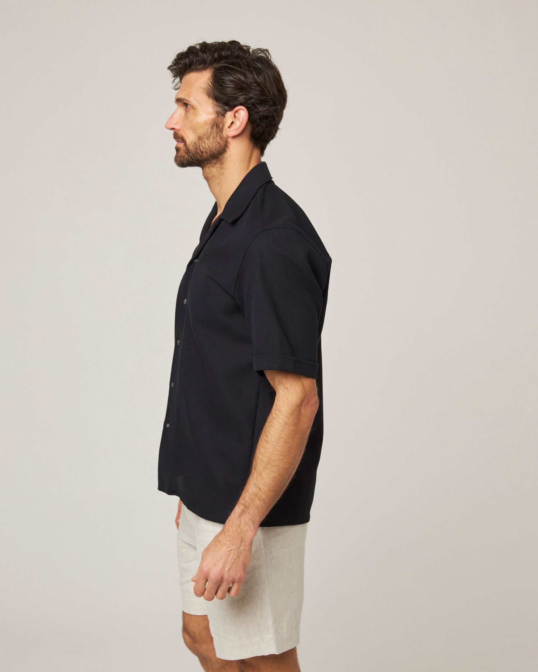 Image of model wearing Quay Cuban Collar Shirt . 