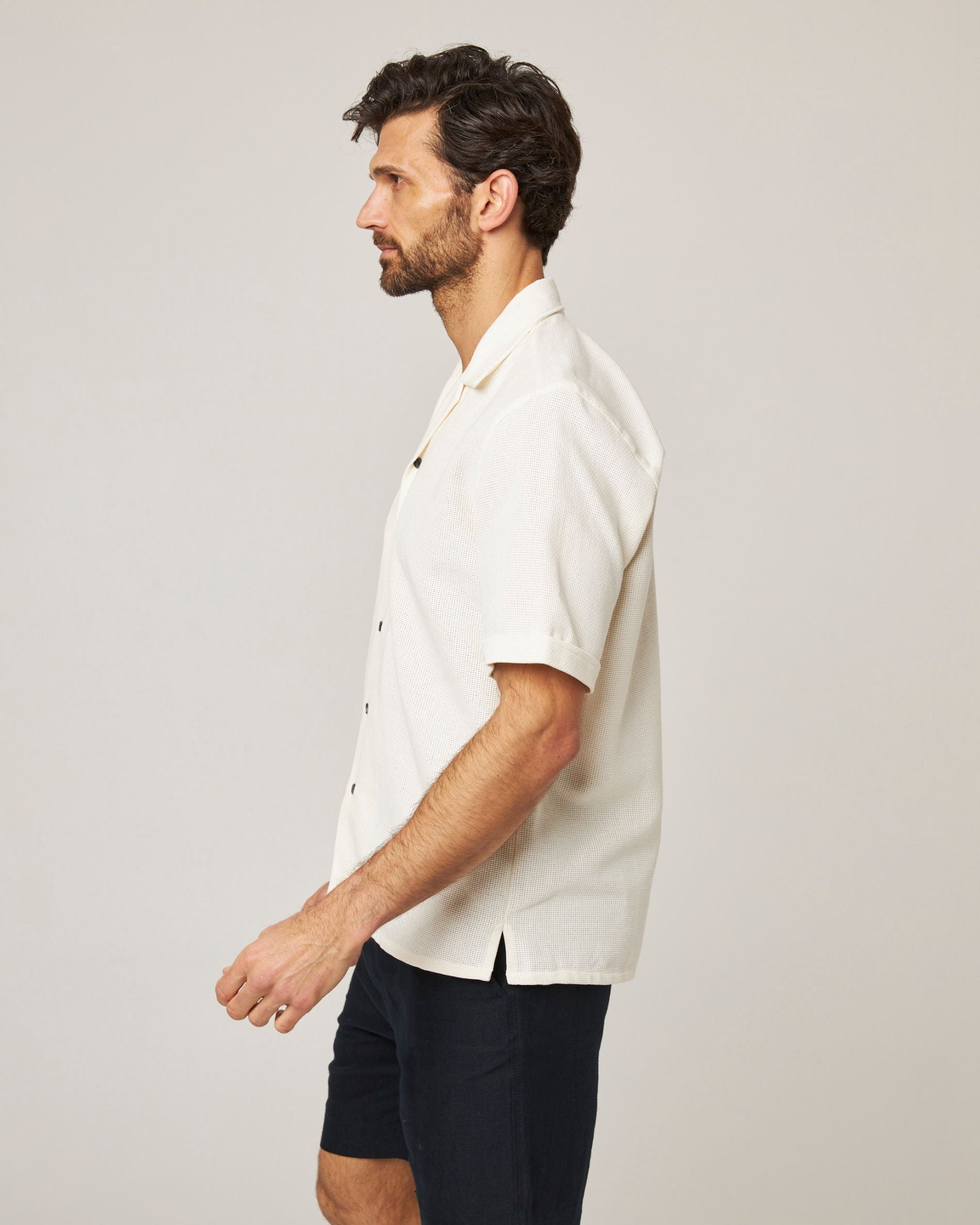 Image of model wearing Quay Cuban Collar Shirt . 
