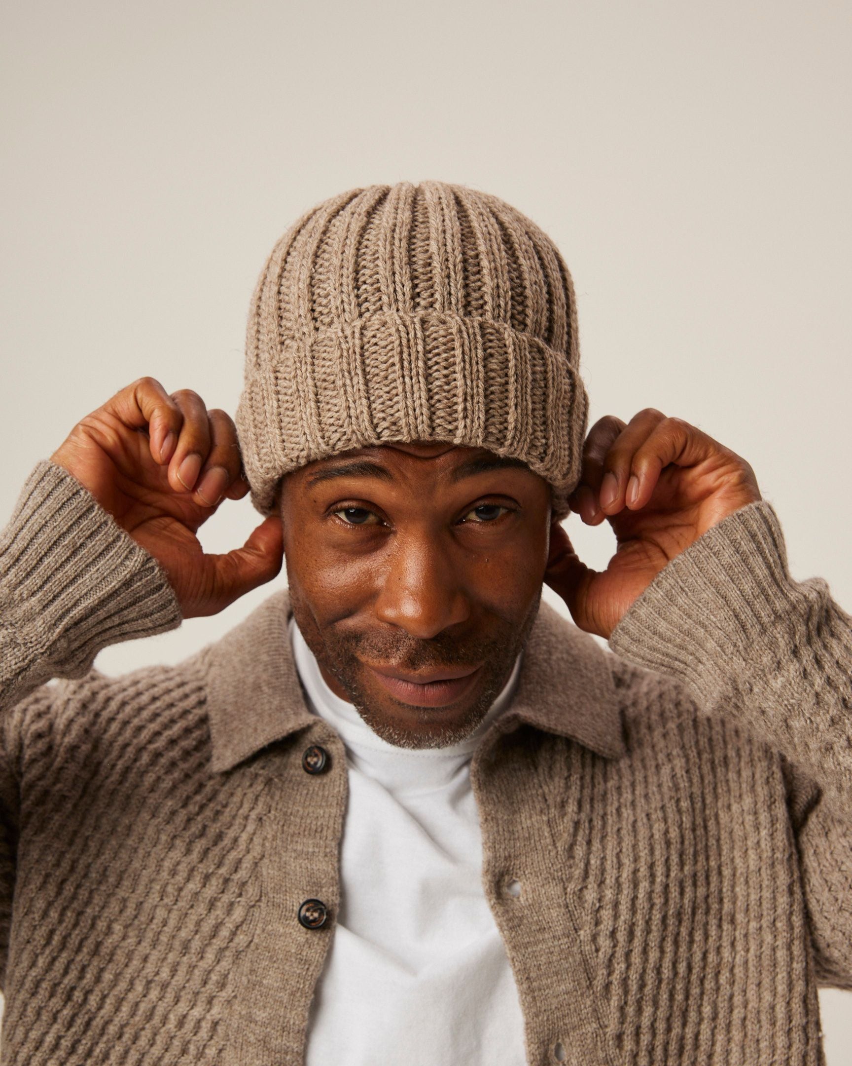 Image of model wearing Milliner Ribbed Beanie. One Size