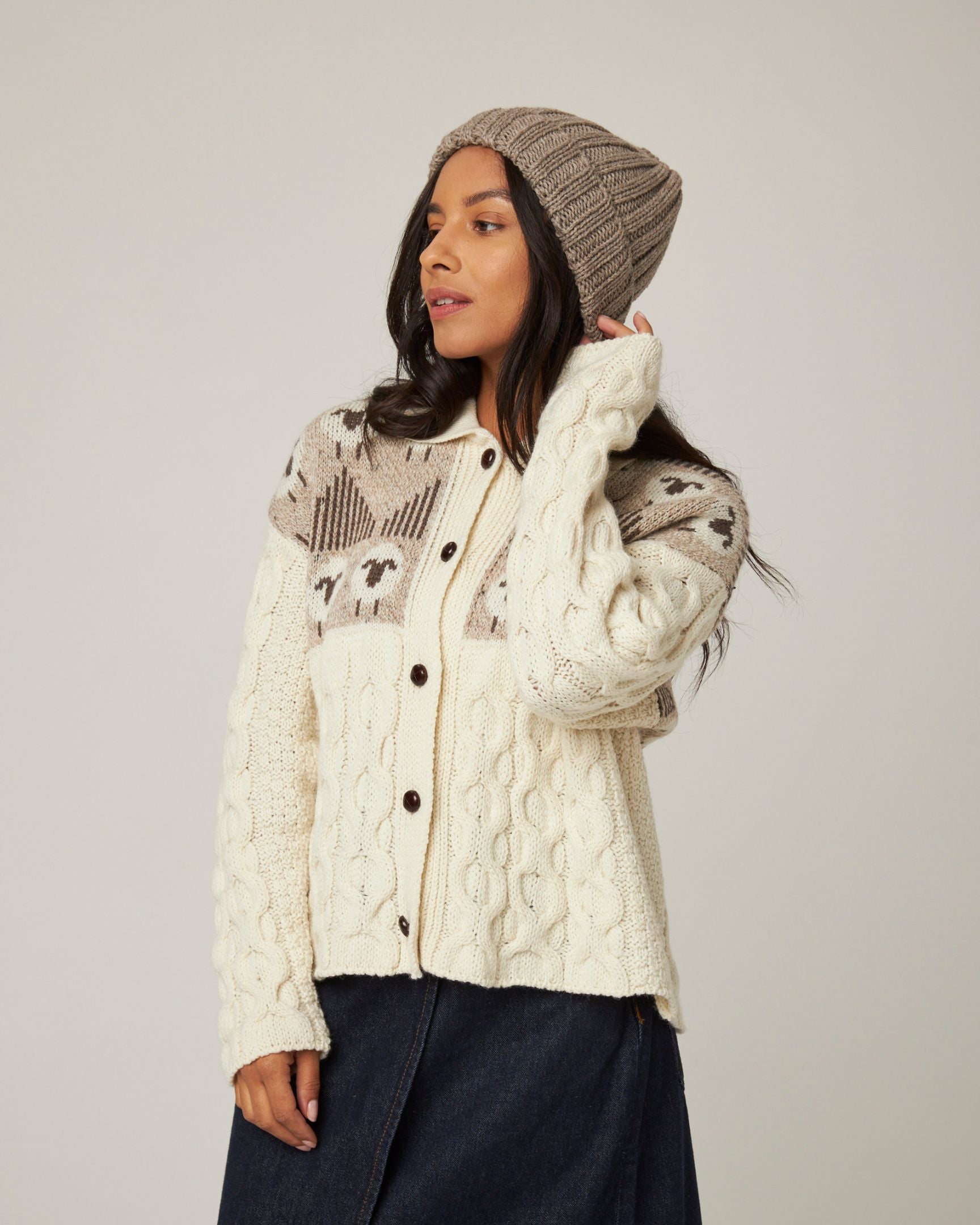 Image of model wearing Milliner Ribbed Beanie. One Size