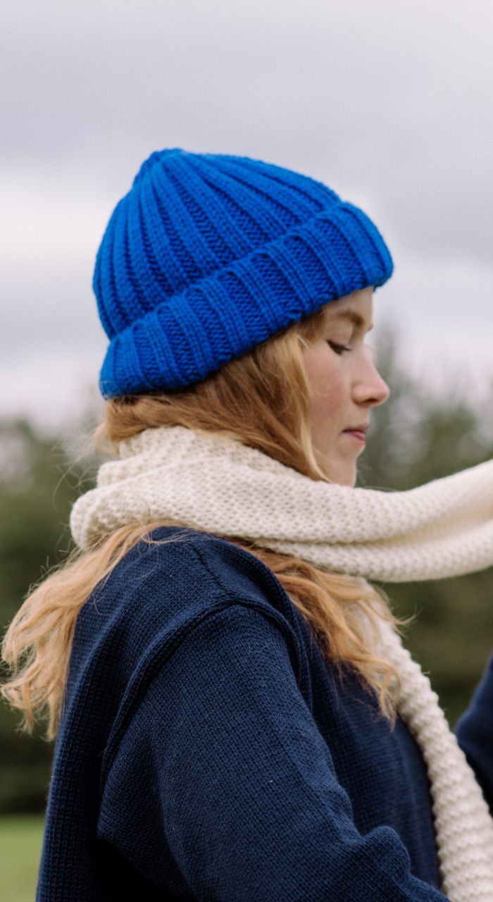 Image of model wearing Milliner Ribbed Beanie. One Size