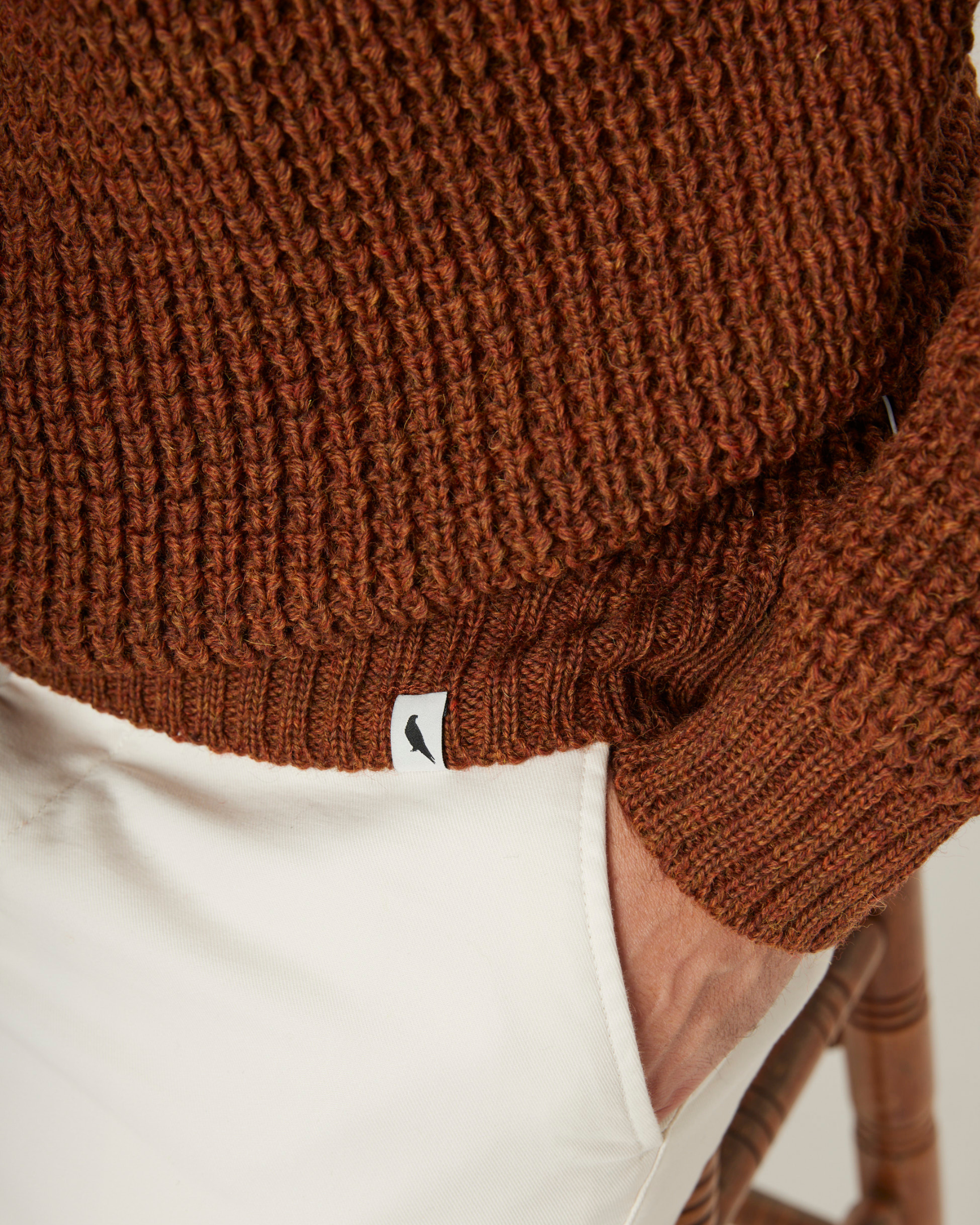 Image of model wearing Waffle Crew Neck Jumper. Model is 6ft1in, chest size 38in and wearing size Medium