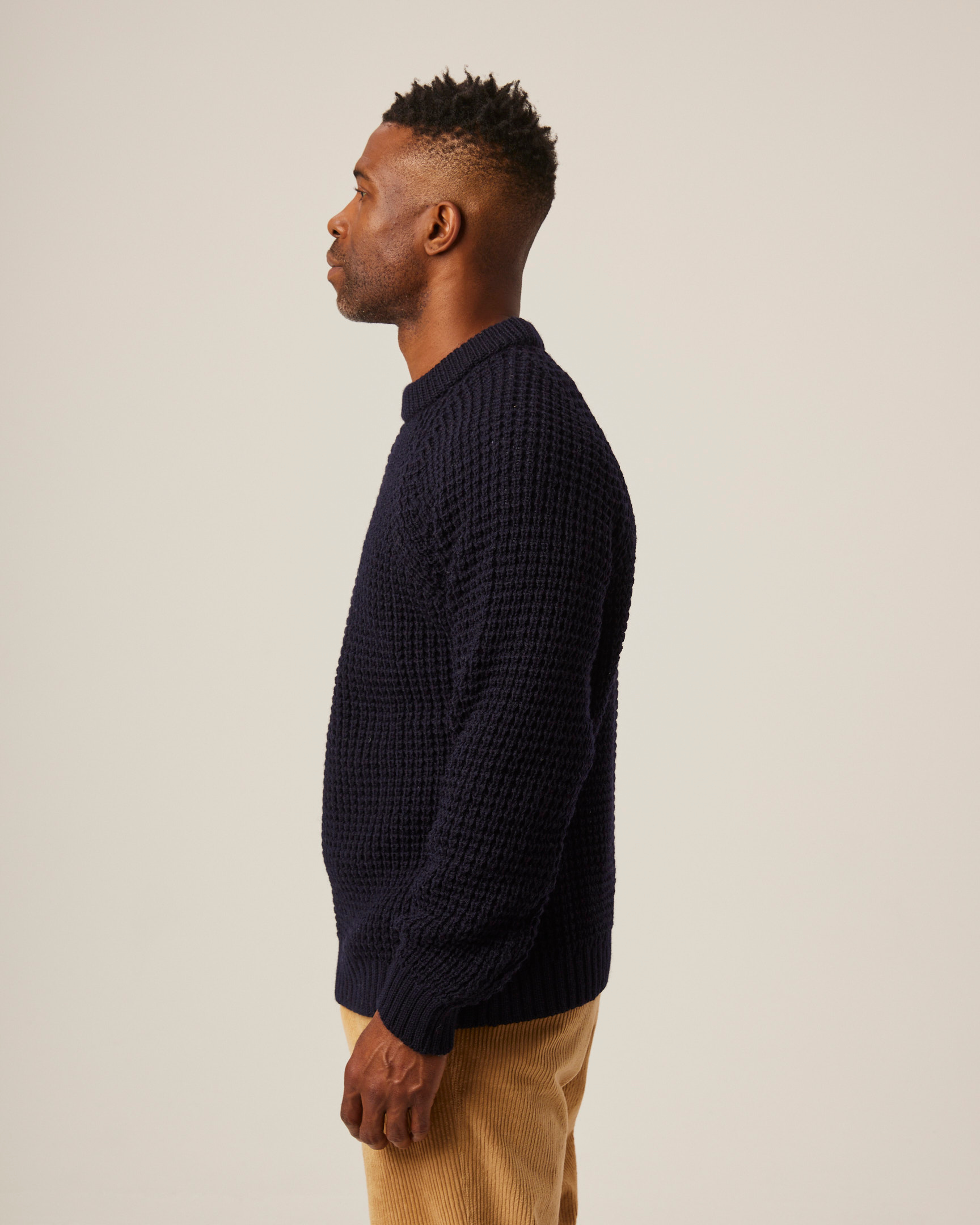 Image of model wearing Waffle Crew Neck Jumper. Model is 6ft, chest size 36in and wearing size Medium
