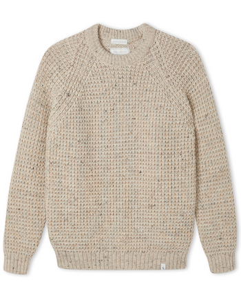 Image of model wearing Waffle Crew Neck Jumper. Model is 6ft1in, chest size 38in and wearing size Medium