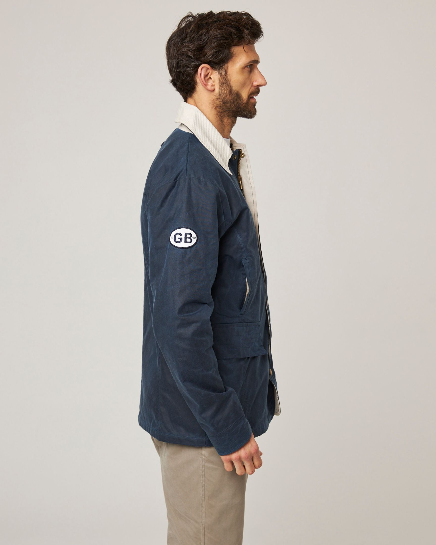 Image of model wearing Warwick Waxed Jacket. 