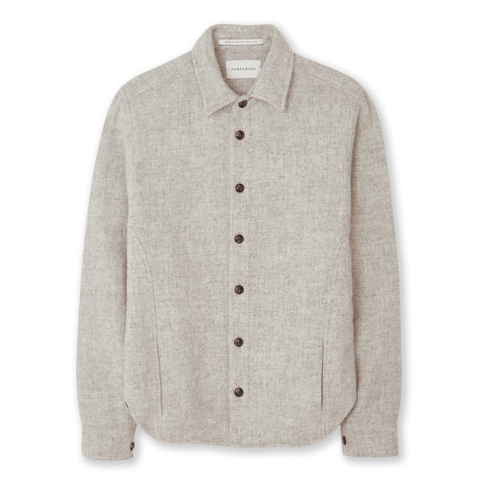 Flatlay image of a light grey wool collared shirt with seven small black buttons fastening down the center front fastening the shirt closed, the shirt has two discreet pockets on the either front bottom side of the shirt.